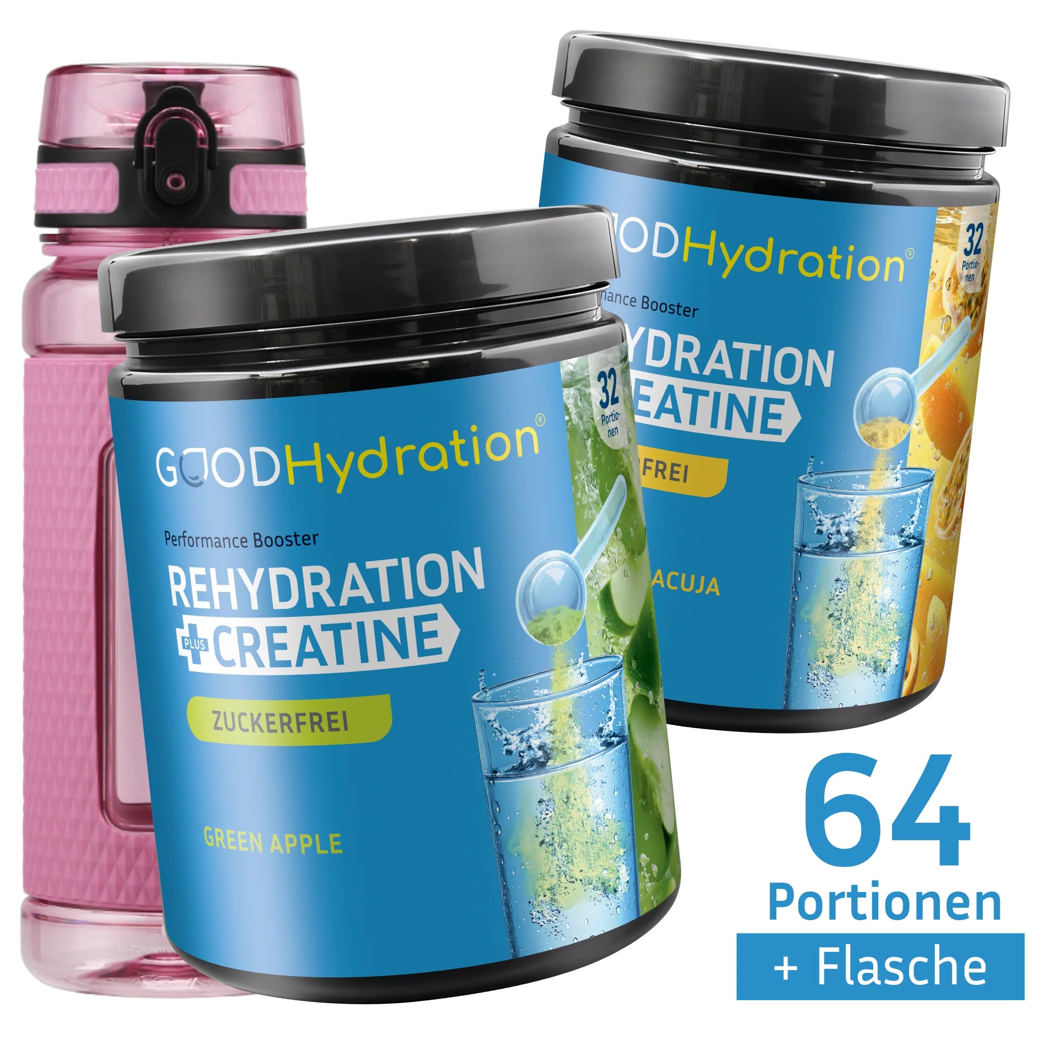 Workout Bundle mit zwei Big Packs Rehydration plus Kreatin und einer Trinkflasche in Wunschfarbe.