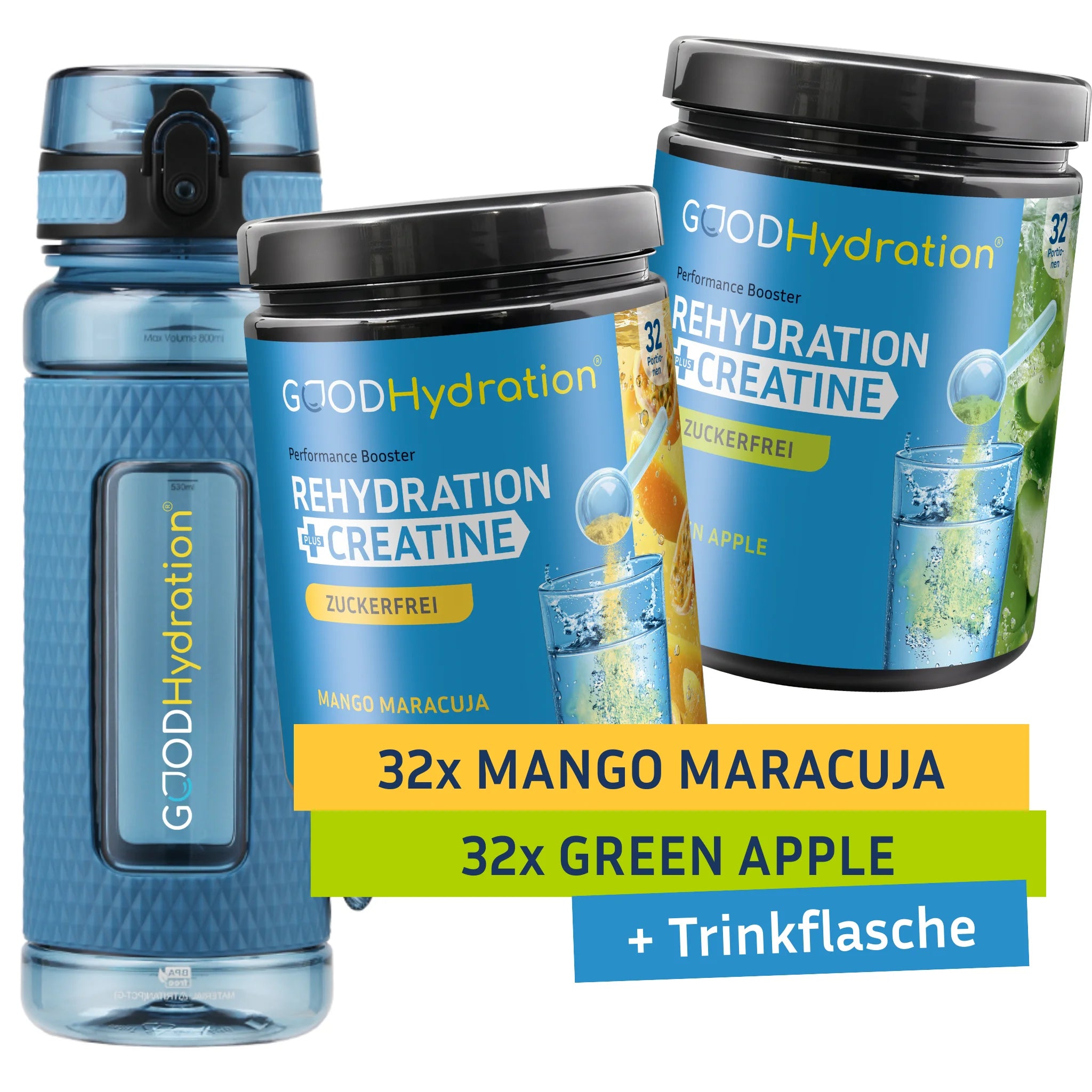 Das Workout Bundle enthält zwei Big Packs mit 64 Portionenund eine Trinkflasche.