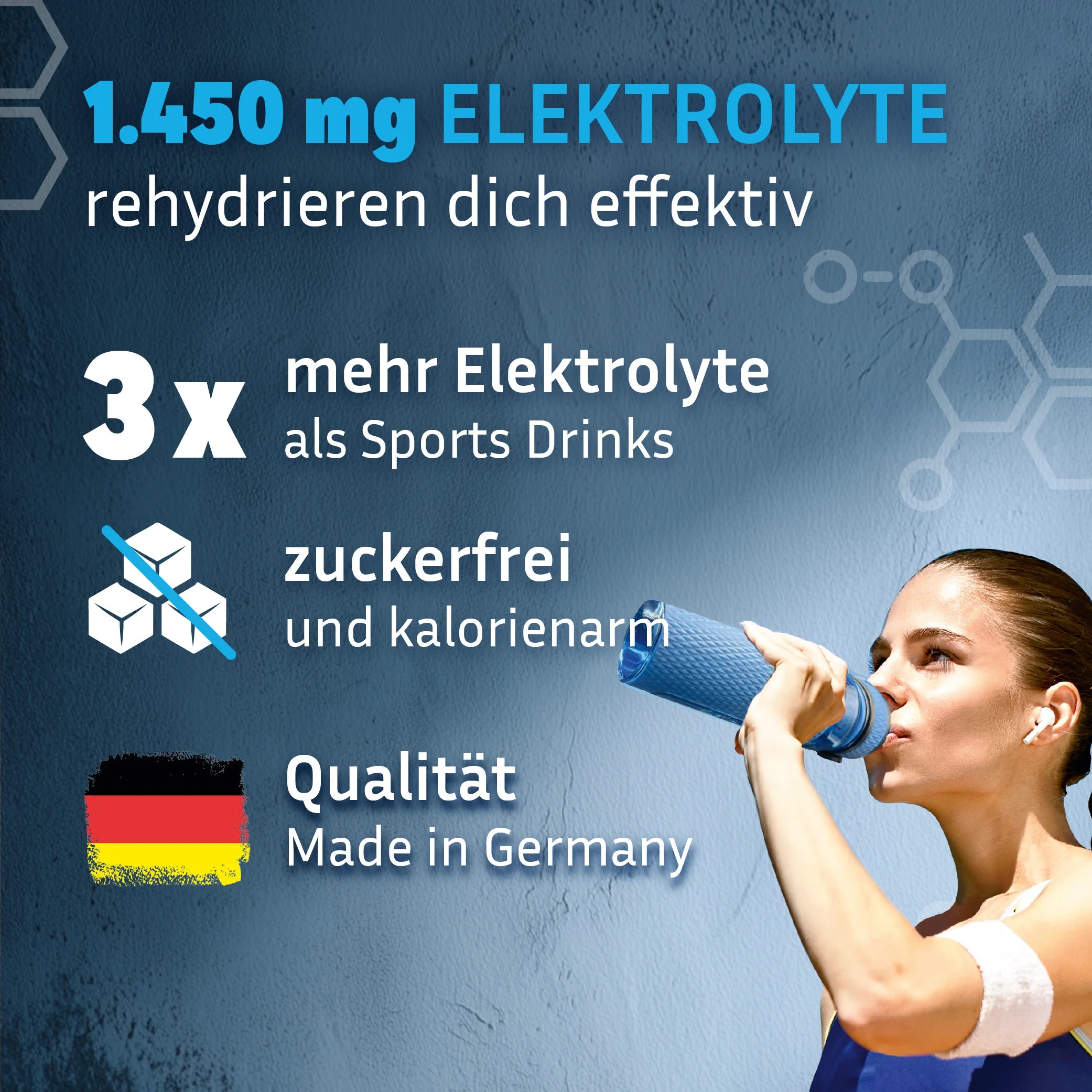 Jeder Stick GOOD Hydration enthält 3x mehr Elektrolyte als ein Sports Drink, ist zuckerfrei und Made in Germany.