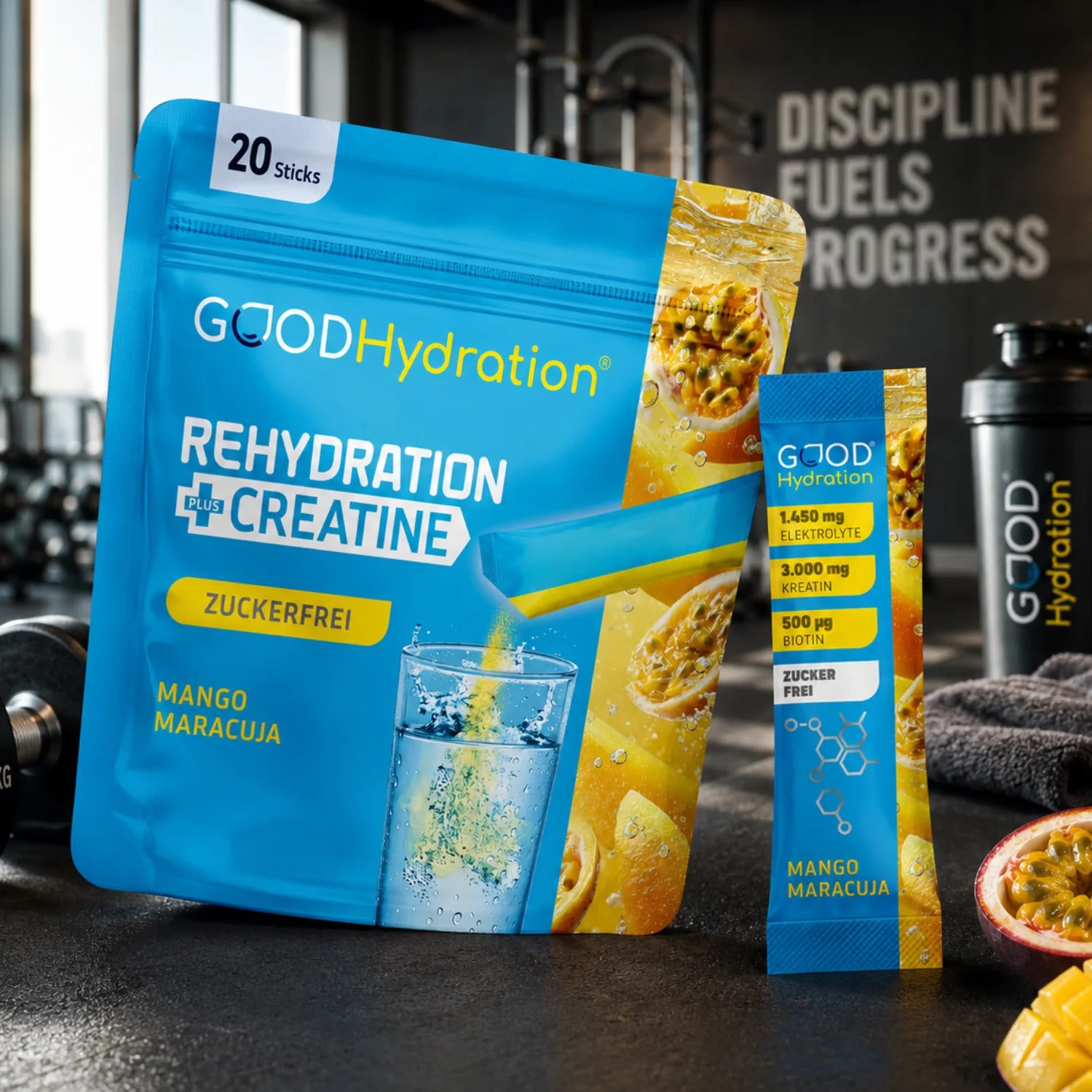 Die Innovation von GOOD Hydration: Mehr Leistung und bessere Regeneration in einem Hydration Stick ohne Zucker. MIt 1450mg Elektrolyten plus 3000mg Kreatin. Natürlich zuckerfrei.