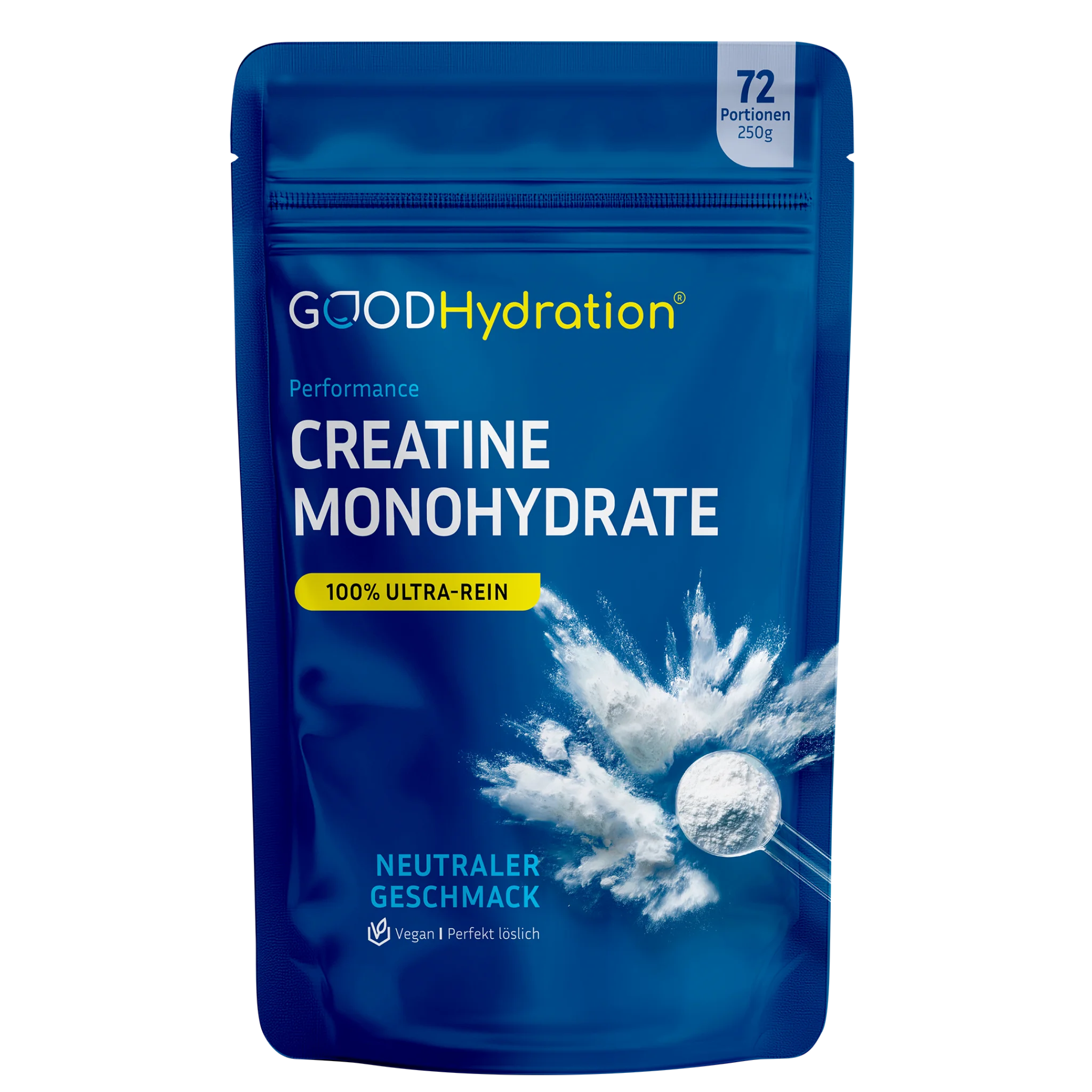 DAs Kreatin Monohydrat von GOOD Hydration ist ultrafein gemahlen und ultrarein. Die ideale Ergänzung zu unseren Rehydration ZERO Hydration Sticks.