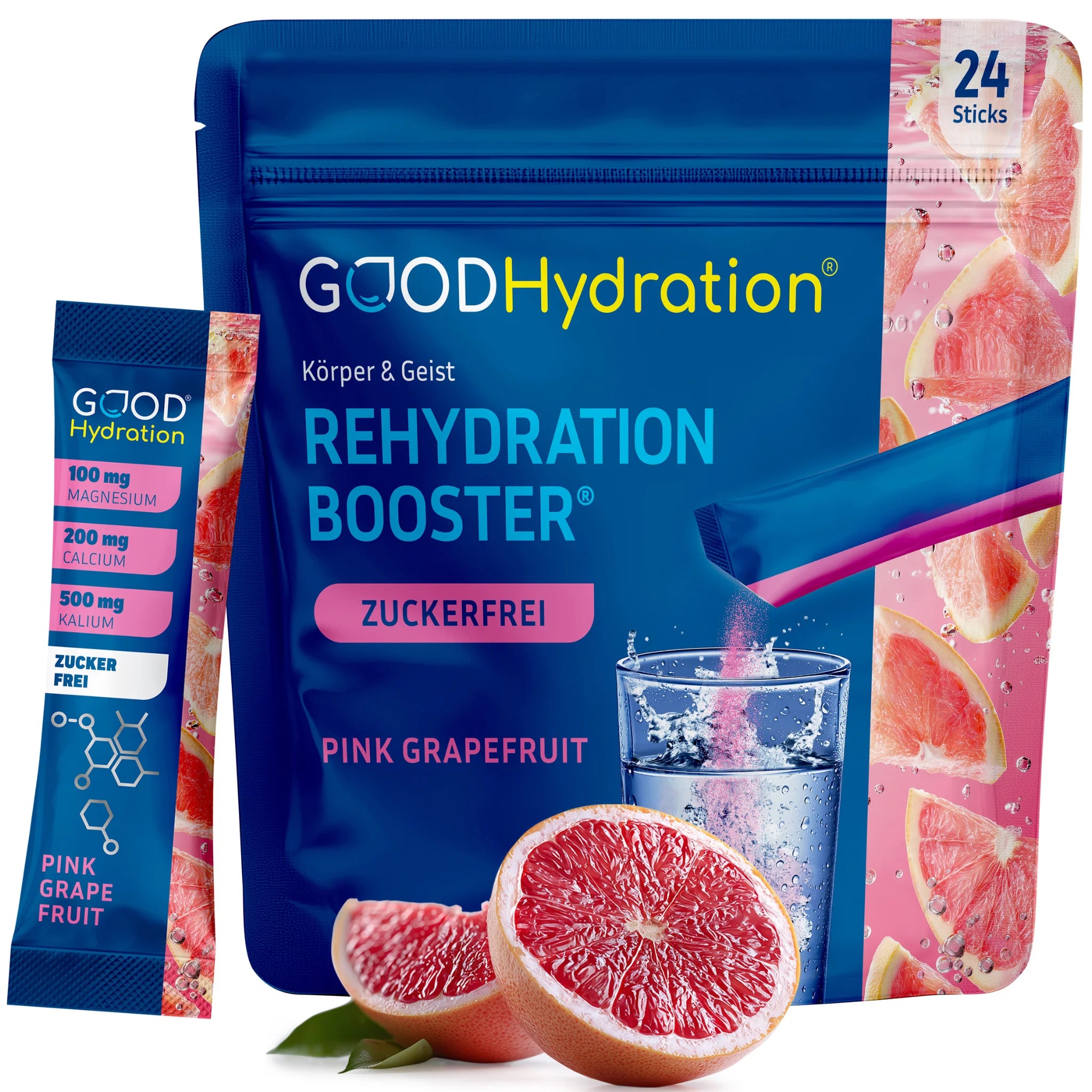 GOOD Hydration Rehydration Booster in der Variante Pink Grapefruit. Elektrolytgetränk für Sport, Arbeit, Hitze und Party.