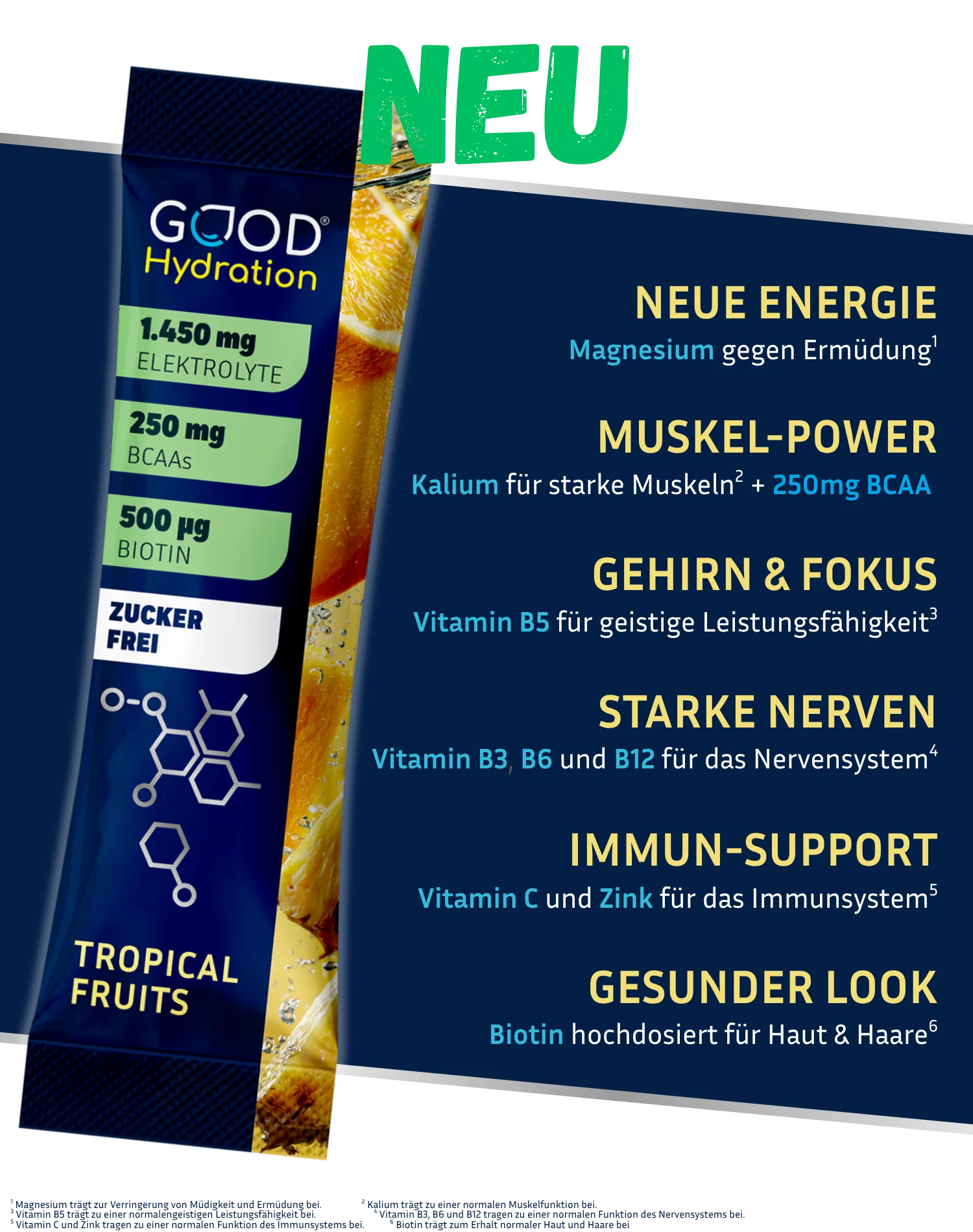 GOOD Hydration wirkt wissenschaftlich fundiert 6-fach auf Körper und Geist: Energie, Muskeln, Gehirn, Nervensystem, Immunsystem, Haut und Haare. Mit Elektrolyten, Vitaminen und wichtigen Aminosäuren. Natürlich zuckerfrei. Geschmack Tropical Fruits.