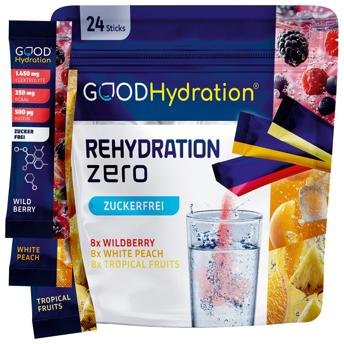 Neu von GOOD Hydration: Variety Pack mit den Geschmacksvarianten Waldbeere, Weißer Pfirsich und Tropenfrucht. Mit 24 Sticks zum Ausprobieren und mehr Abwechslung. Natürlich zuckerfrei.