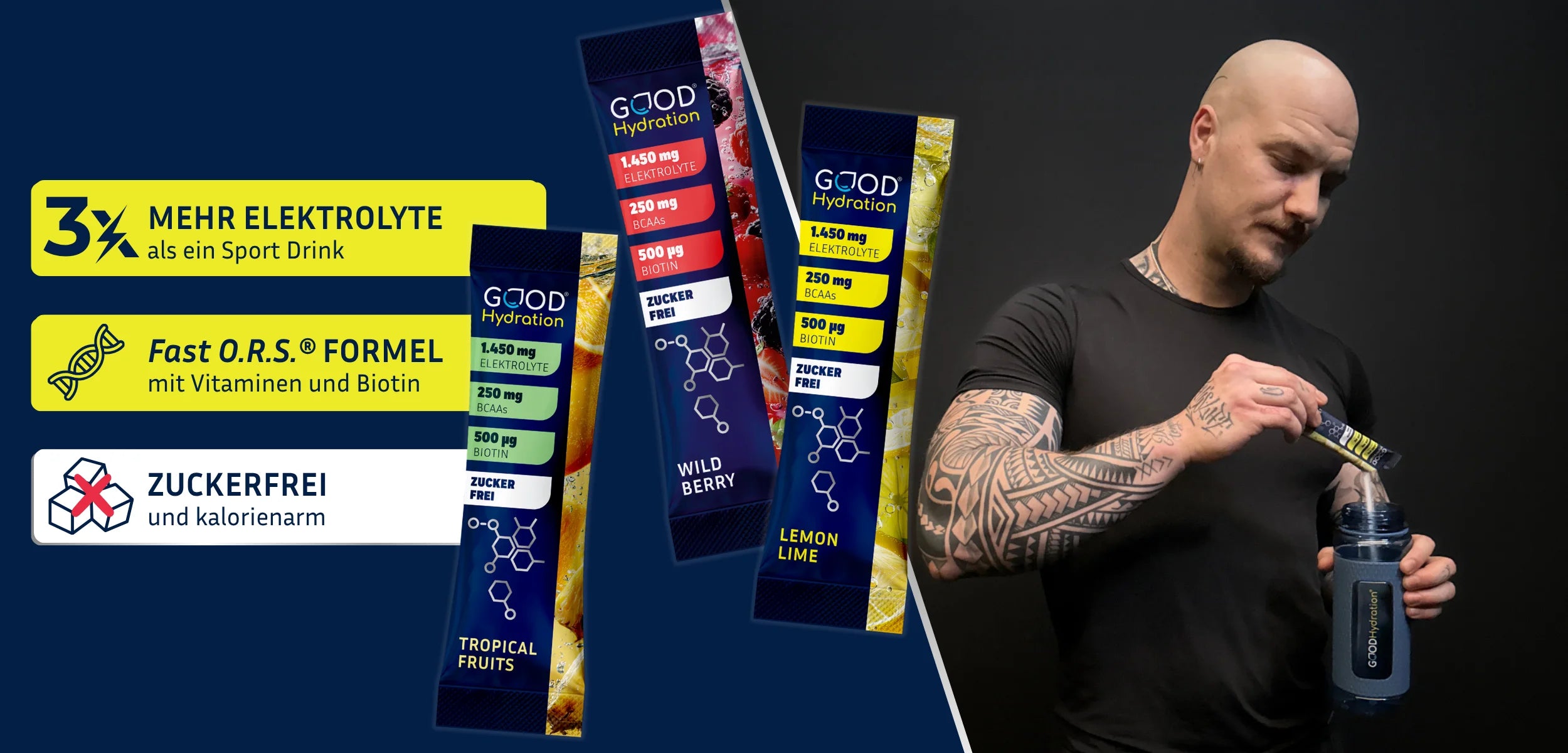 GOOD Hydration enthält mehr Elektrolyte als andere Hydration Sticks und rehydriert dich hochdosiert und zuckerfrei. Die perfekte Alternative zu überzuckerten Hydration Sticks und Sportgetränken.
