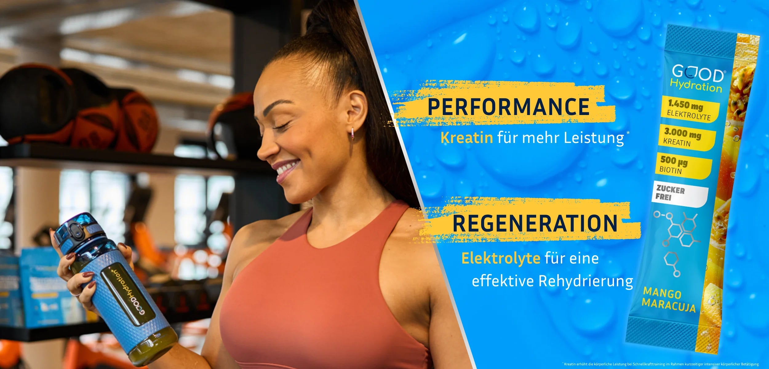Rehydration plus Kreatin von GOOD Hydration ist ein innovativer 2-in-1 Hydration Stick. Kreatin für mehr Performance im Workout. Elektrolyte für eine effektive Regeneration danach. Natürlich zuckerfrei.