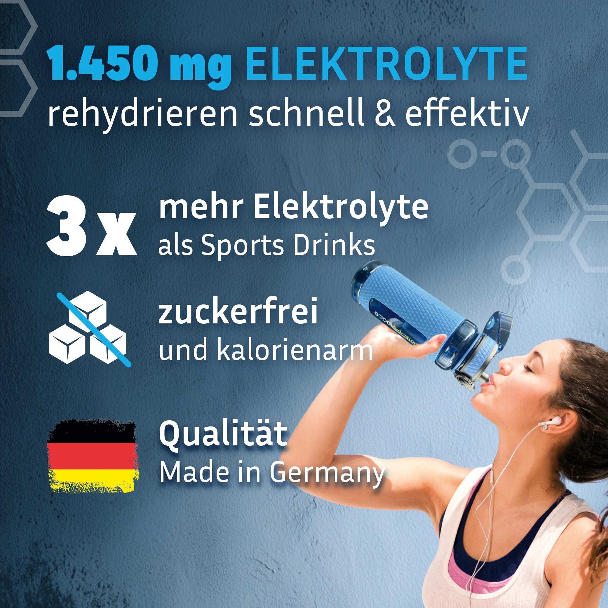 Jeder Stick GOOD Hydration enthält 3x mehr Elektrolyte als ein Sports Drink, ist zuckerfrei und Made in Germany.