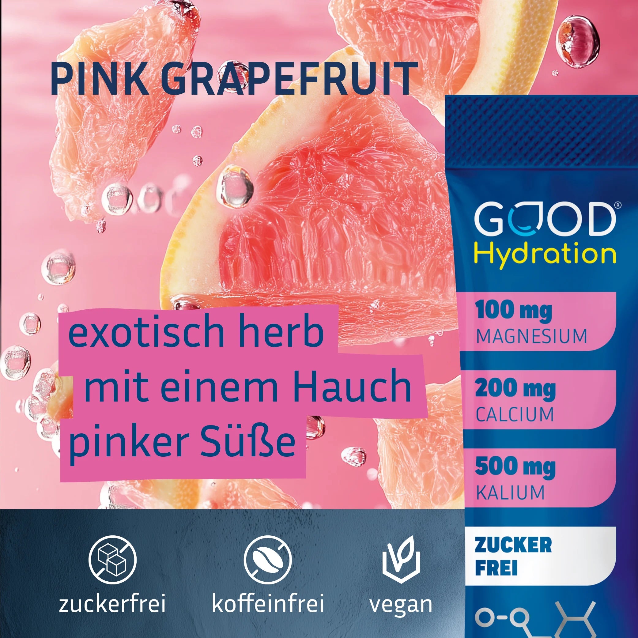 GOOD Hydration ist der Geschmackssieger unter den Hydration Sticks. Natürlicher Geschmack ohne künstliche Aromen. Pink Grapefruit schmeckt exotisch herb mit einem Hauch pinker Süße.