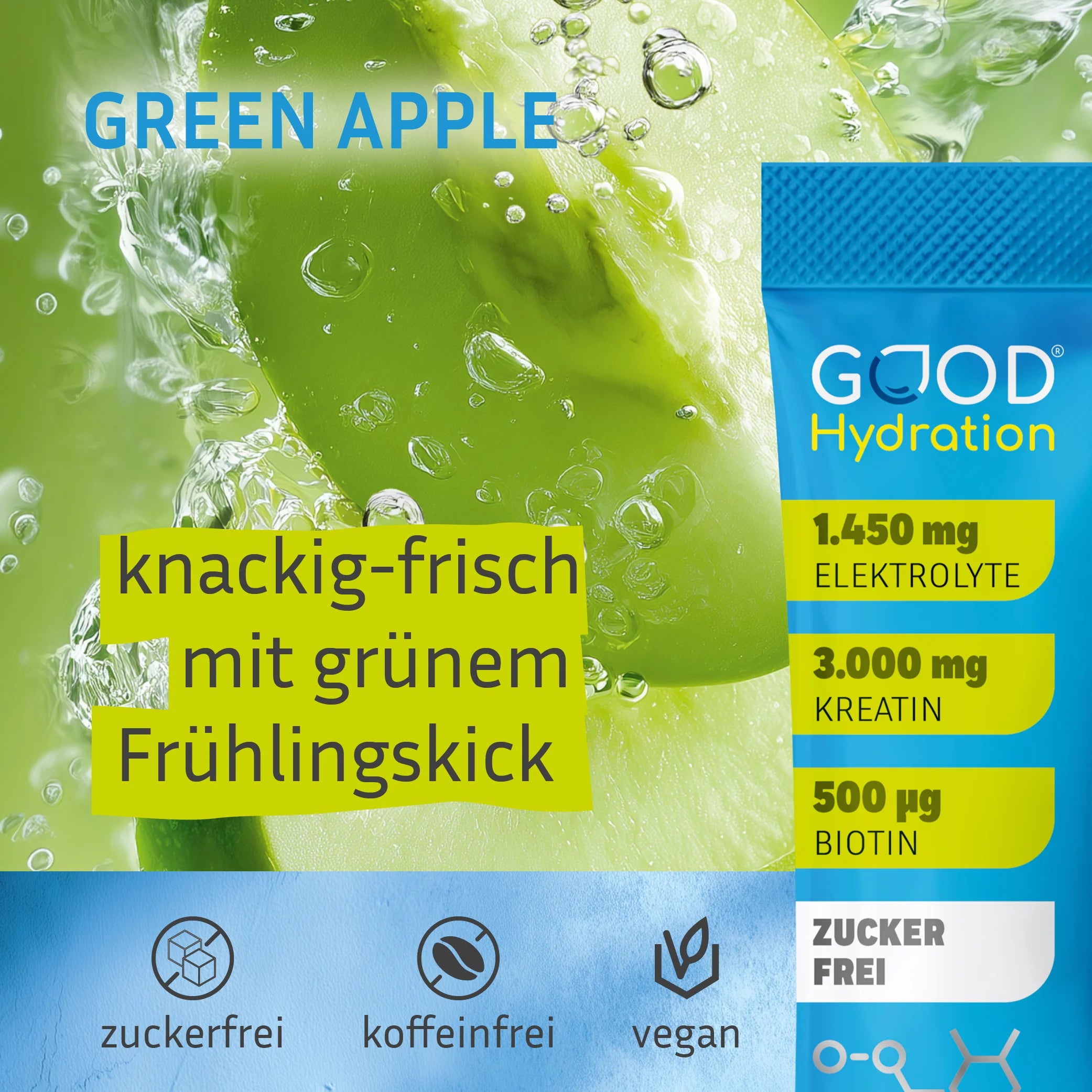 Neue leckere Geschmacksvarianten von GOOD Hydration. Natürlicher Geschmack ohne künstliche Aromen. Grüner Apfel schmeckt knackig frisch und leicht säuerlich. Zuckerfrei, Koffeinfrei und Vegan.
