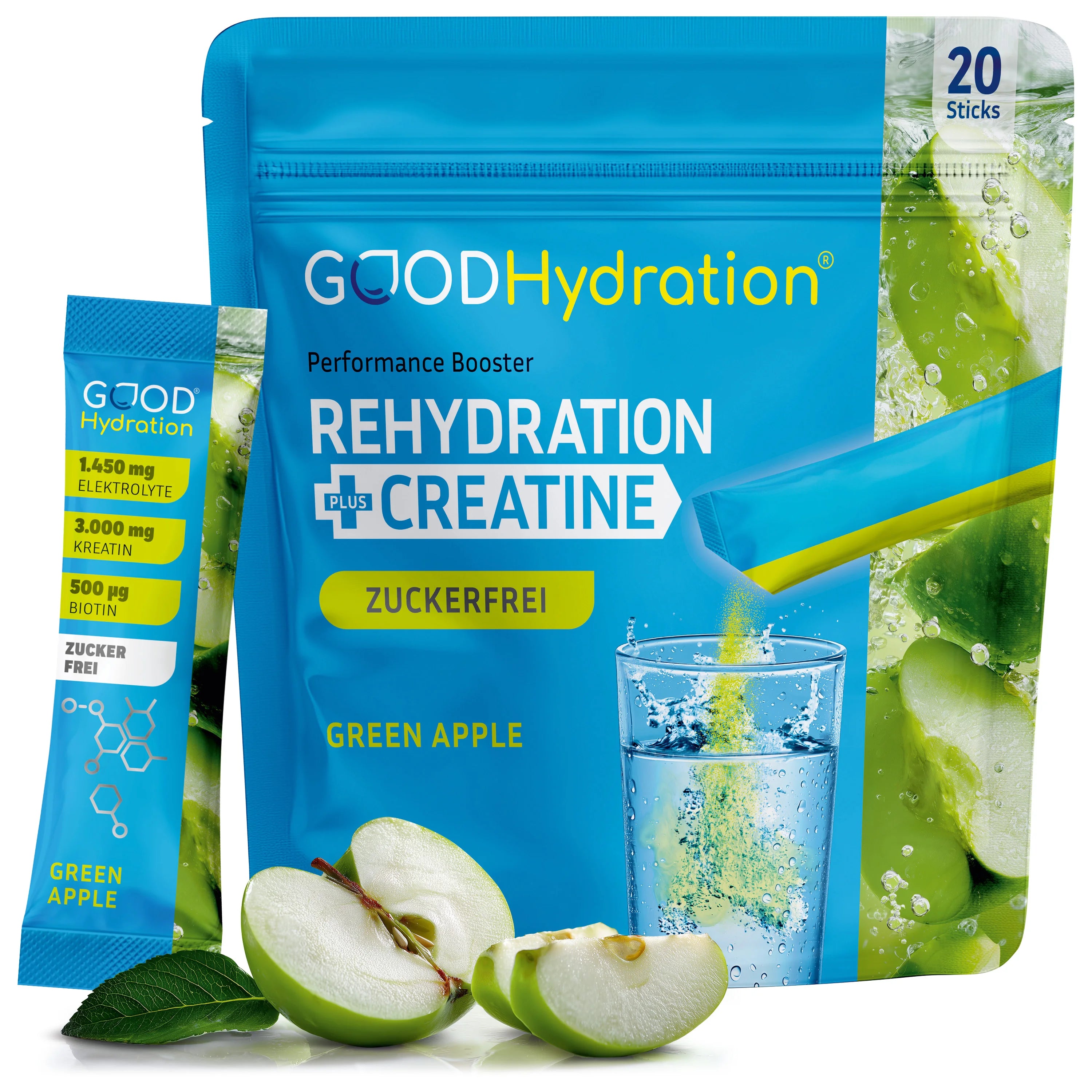 Rehydration plus Kreatin Weltneuheit Hydration Stick mit Elektrolyten und Creatine Monohydrate. Zuckerfrei. Geschmack Grüner Apfel.