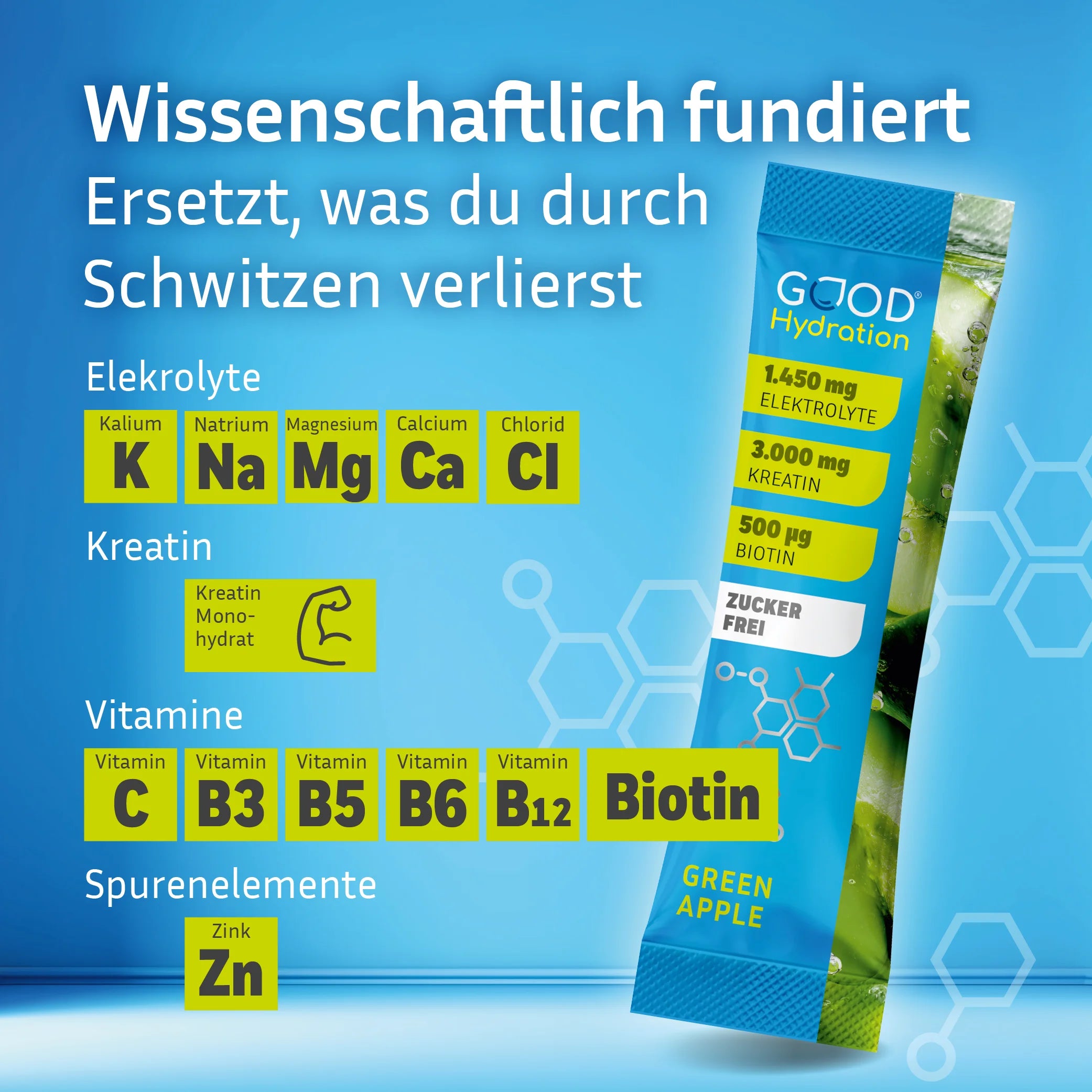 Einzigartige wissenschaftliche Formel mit den besten Elektrolyten, Kreatin Monohydrat, Spurenelementen und Vitaminen. Zuckerfrei und nur 4 kcal Kalorien. Enthält Magnesium, Calcium, Kalium, Natrium, Chlorid, Zink, Vitamin C und Vitamin B-Komplex.