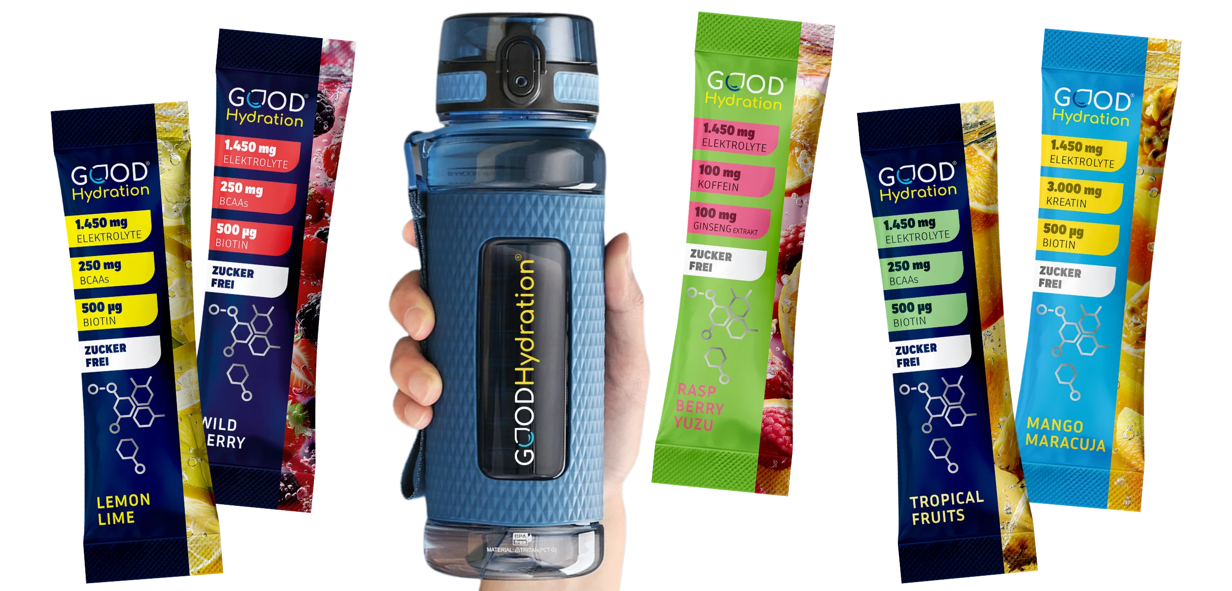 Die Trinkflasche ist perfekt für GOOD Hydration Sticks. Egal welche Geschmacksvariante - einfach Wasser und das Elektrolytpulver in die Flasche geben, kurz schütteln, fertig. 