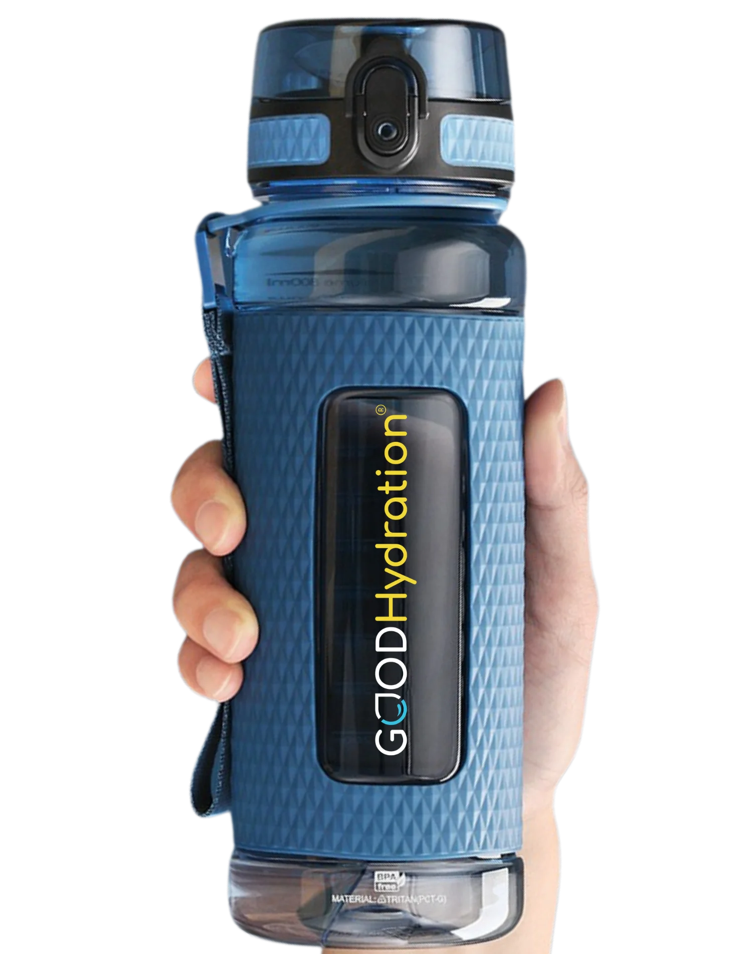 Die GOOD Hydration Trinkflasche aus Tritan. BPA-frei ohne schädliche Weichmacher. Mit Silikonmantel, der das Getränk kühl hält. Fasst 800ml. Spülmaschinengeeignet.