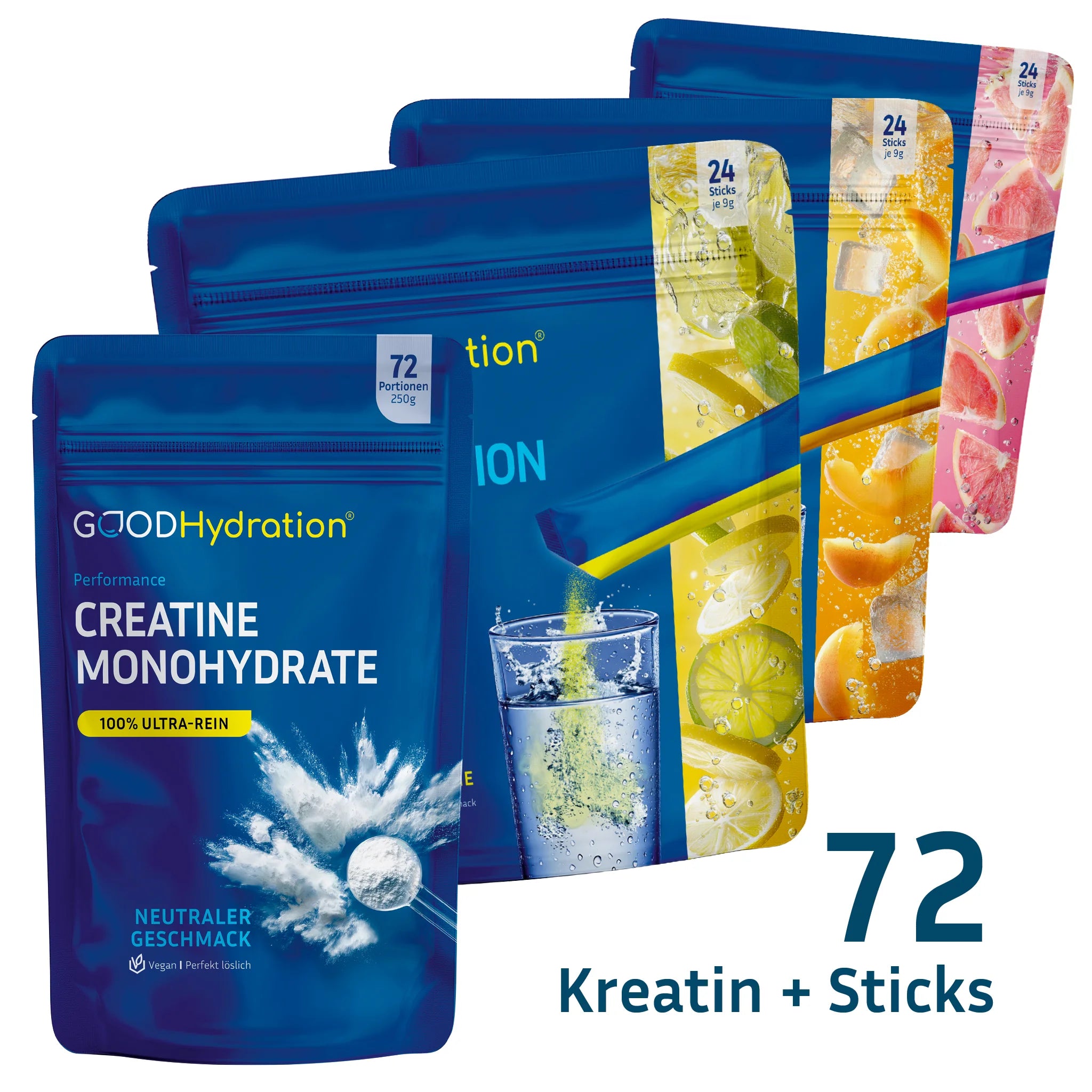 Kreatin Bundle mit 72 Sticks Rehydration Booster plus 250mg Creatine Monohydrate. Perfekt rehydriert plus Muskelaufbau. Im Bundle extra günstig.