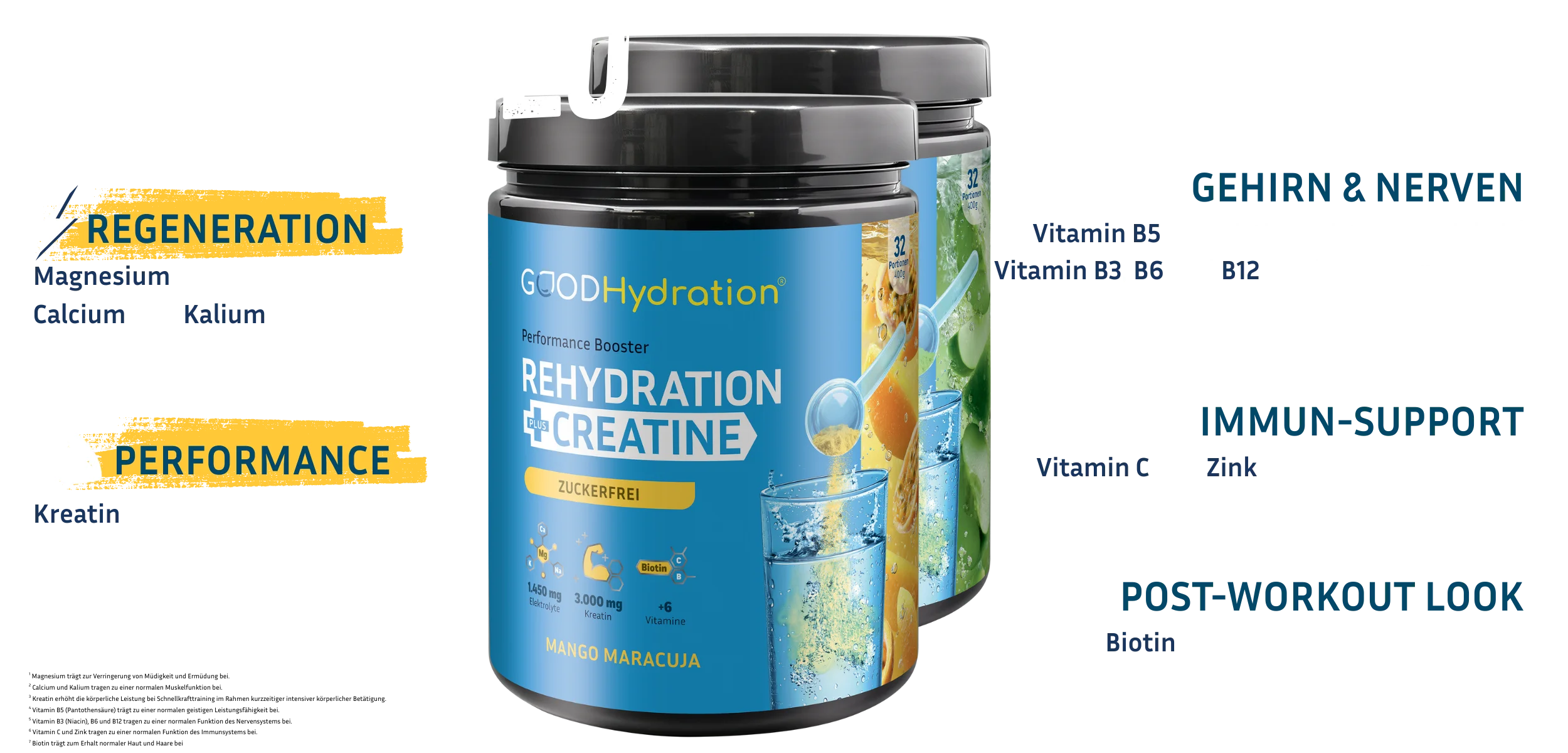 Exklusives Bundle gibt es nur hier. Zwei Big Packs mit 64 Portionen plus eine Trinkflasche. Der Performance Booster Rehydration plus Creatine enthält Magnesium, Calcium, Kalium, Natrium und Chlorid zur schnellen Rehydrierung. Kreatin zur Leistungssteigerung und Muskelaufbau. Außerdem einen Vitamin B-Komplex für das Nervensystem. Vitamin C und Zink für das Immunsystem. Und Biotin für Haut und Haare. Geschmack grüner Apfel und Mango Maracuja.