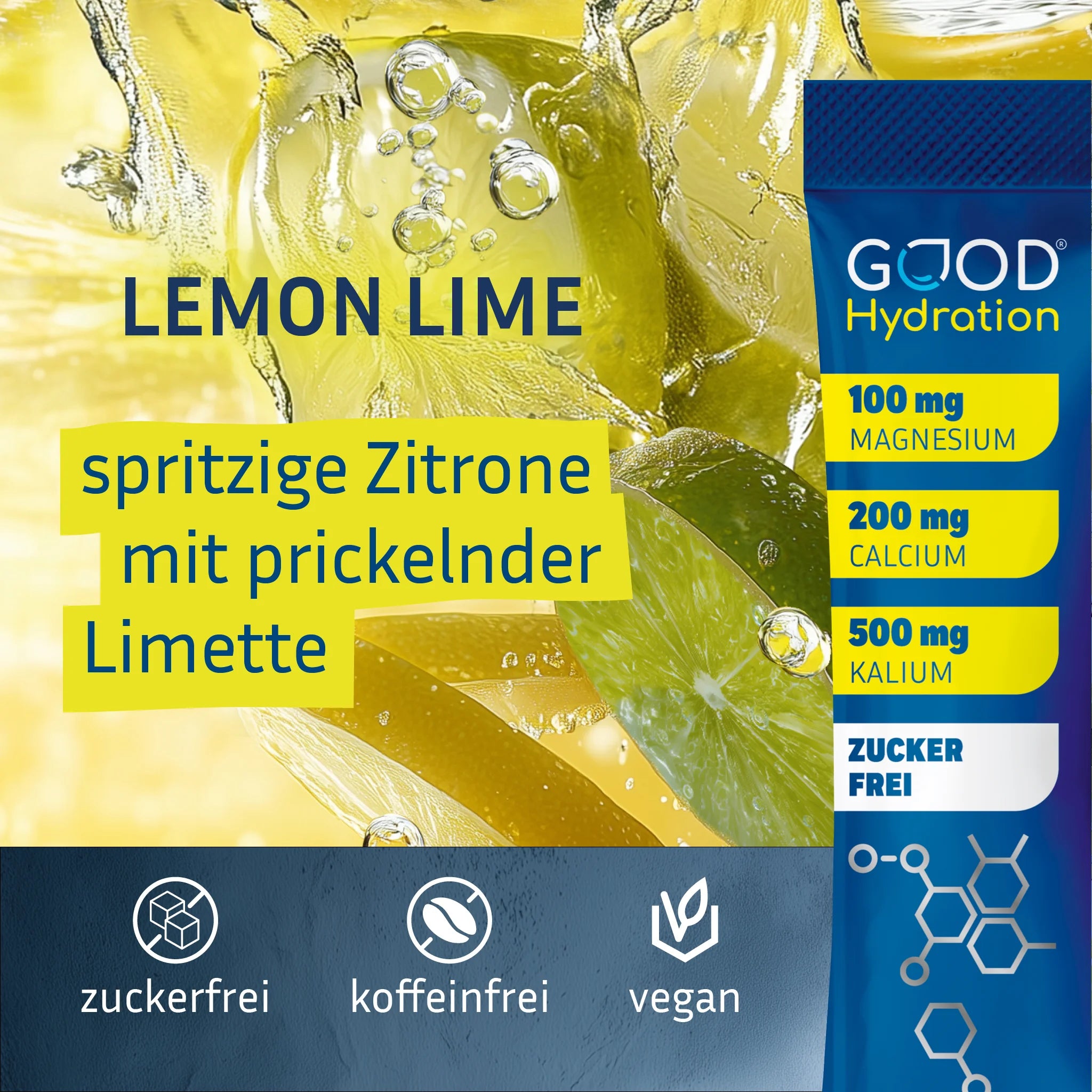 GOOD Hydration ist der Geschmackssieger unter den Hydration Sticks. Natürlicher Geschmack ohne künstliche Aromen. Lemon Lime schmeckt nach spritziger Zitrone mit prickelnder Limette.