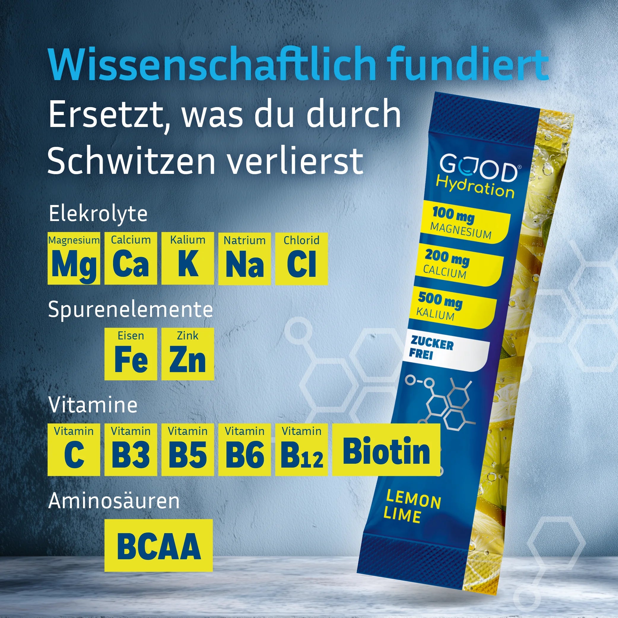 100% wissenschaftliche Formel mit den besten Elektrolyten, Spurenelementen, Vitaminen und Aminosäuren. Zuckerfrei und nur 4 kcal Kalorien. Enthält Magnesium, Calcium, Kalium, Natrium, Chlorid, Eisen, Zink, Vitamin C und Vitamin B-Komplex.