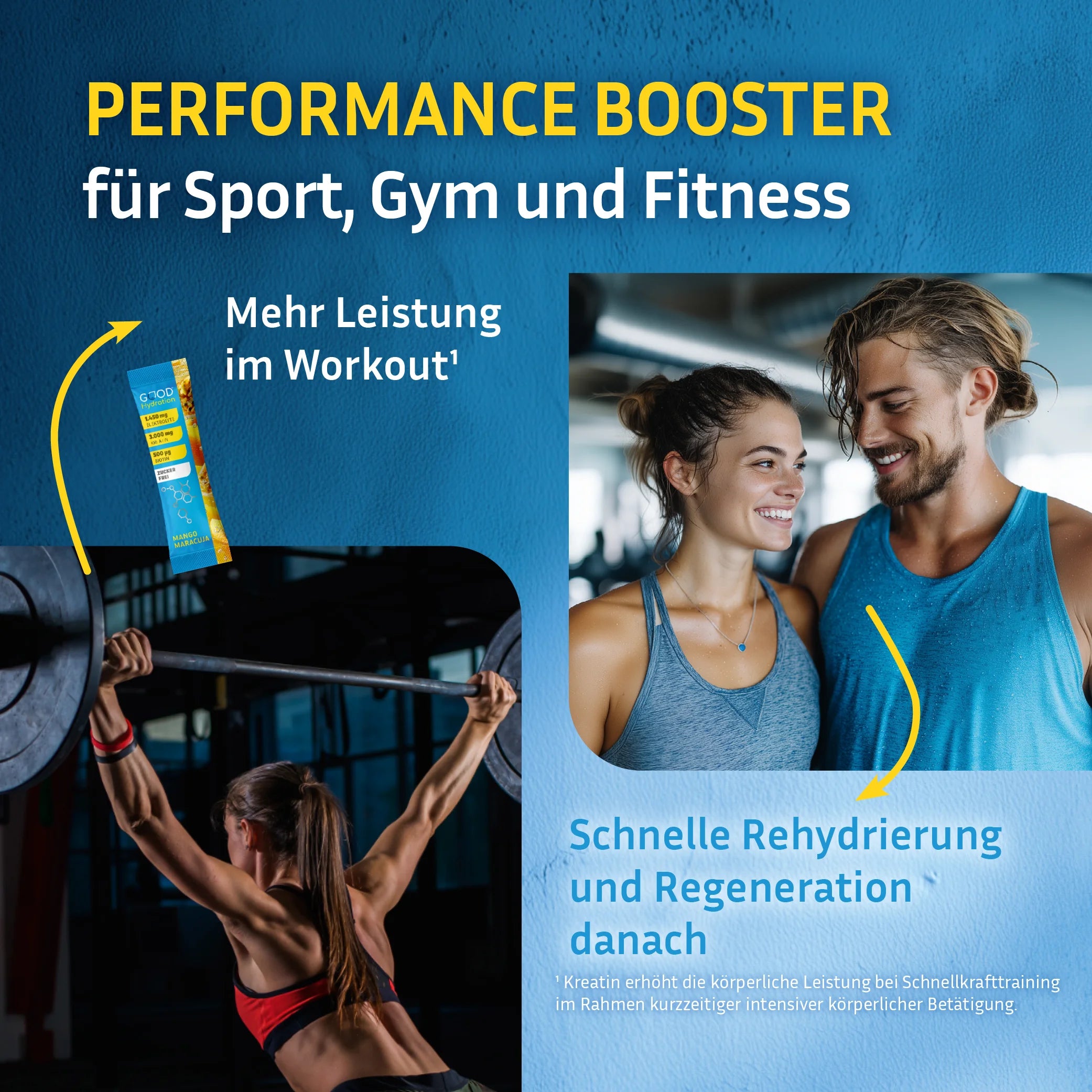 Täglich eine Portion Performance Booster beim oder nach dem Sport trinken.  Zur Leistungssteigerung im Workout und schnellen Rehydrierung danach.