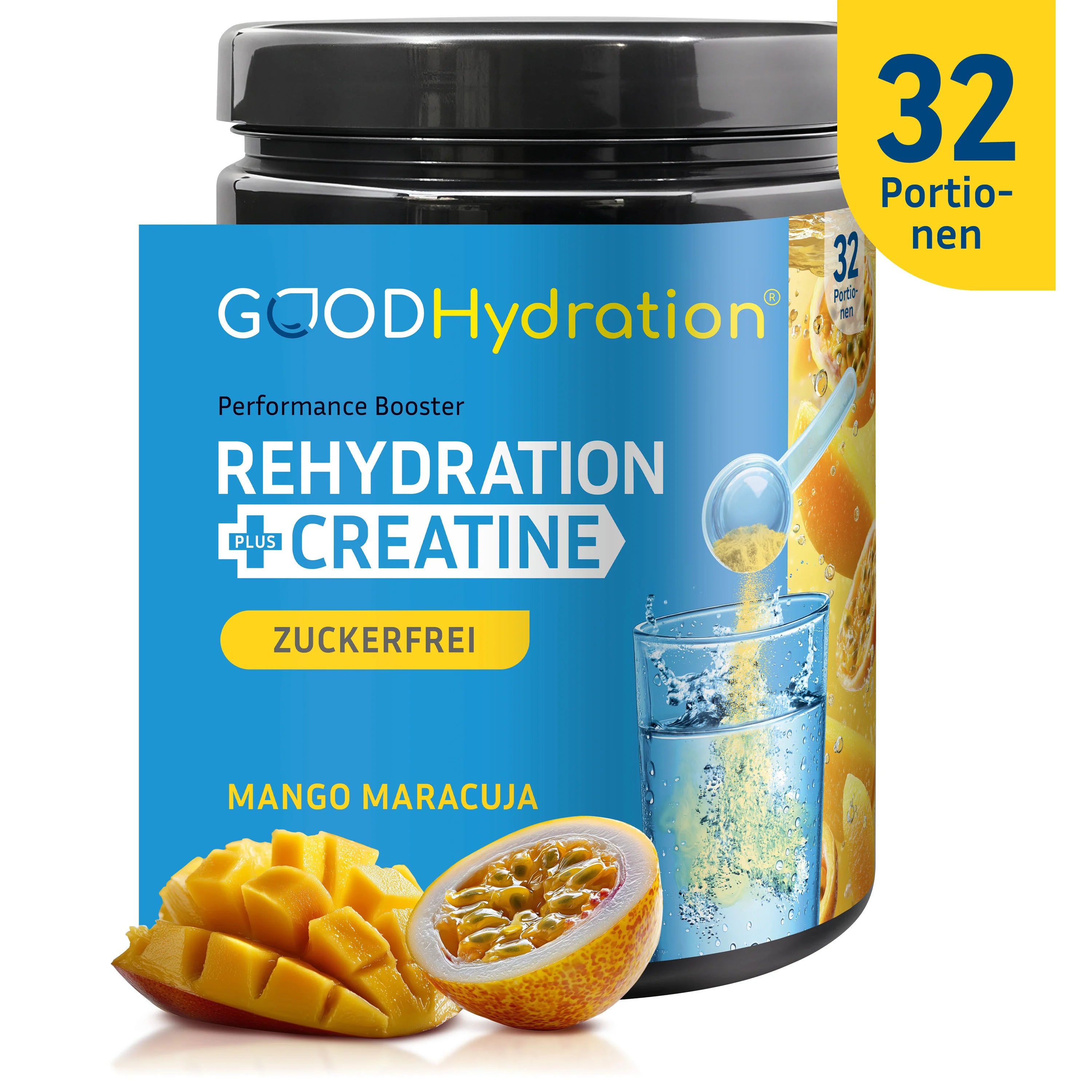 Rehydration plus Kreatin im Big Pack mit 32 Portionen zum Vorteilspreis. Geschmack Mango Maracuja.