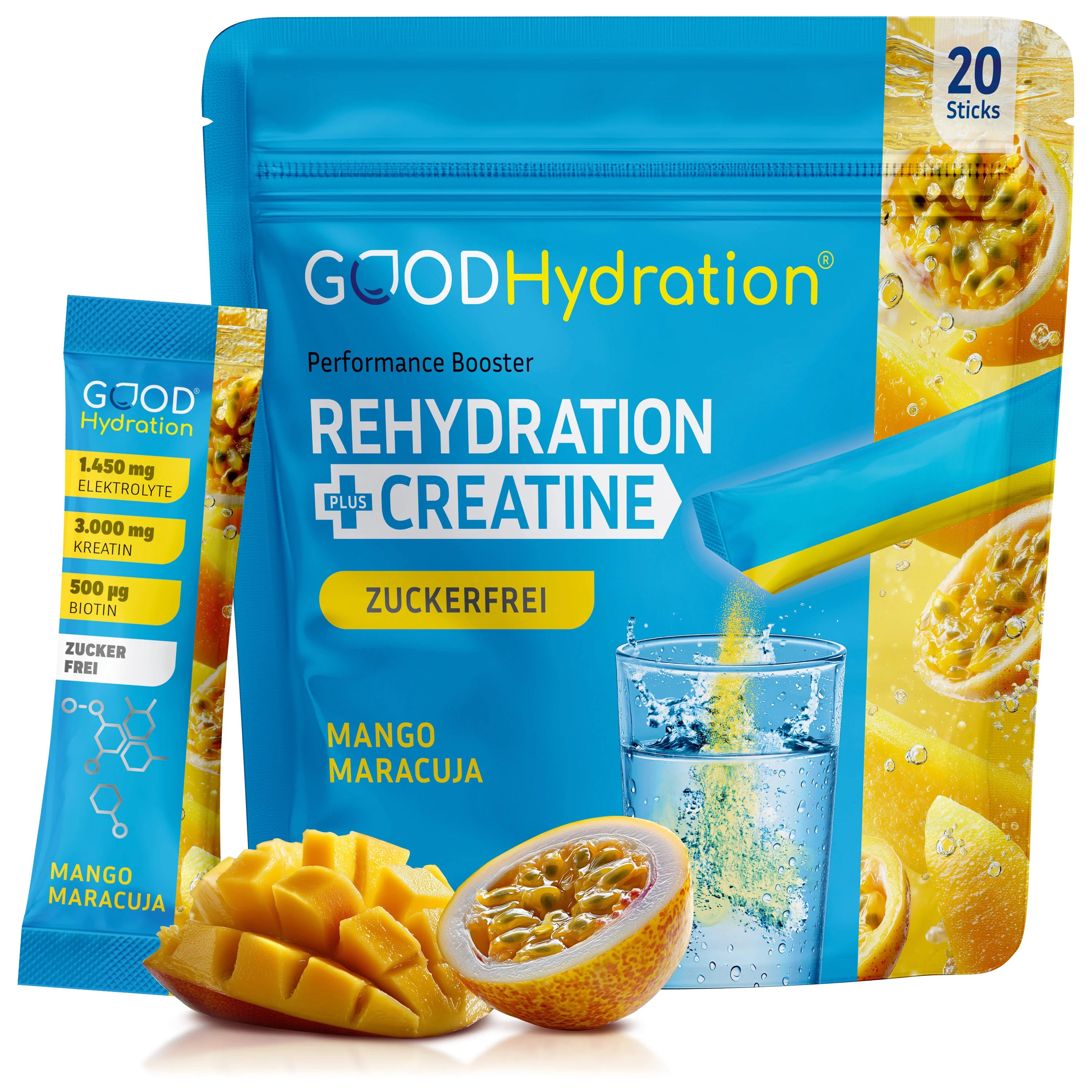 Rehydration plus Kreatin Weltneuheit Hydration Stick mit Elektrolyten und Creatine Monohydrate. Zuckerfrei. Geschmack Mango Maracuja.