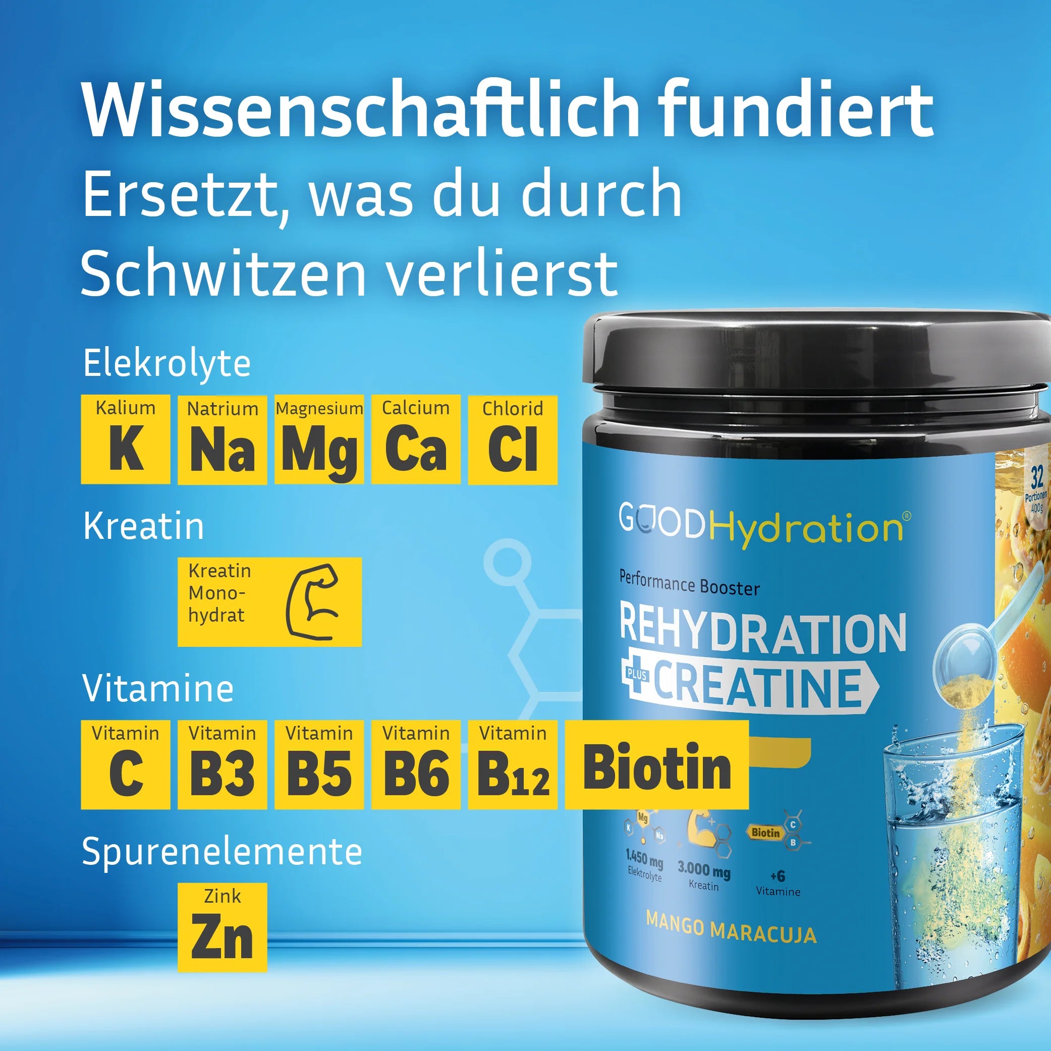 Einzigartige wissenschaftliche Formel mit den besten Elektrolyten, Kreatin Monohydrat, Spurenelementen und Vitaminen. Zuckerfrei und nur 4 kcal Kalorien. Enthält Magnesium, Calcium, Kalium, Natrium, Chlorid, Zink, Vitamin C und Vitamin B-Komplex.