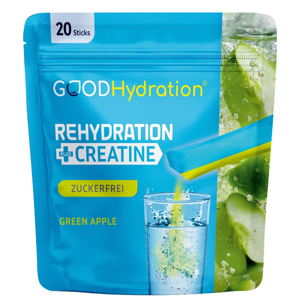Hier klicken um zum Einzelpack Rehydration plus Kreatin Green Apple zu gelangen. Hochdosiert Elektrolyte mit einer Tagesdosis Kreatin. Geschmack Grüner Apfel.