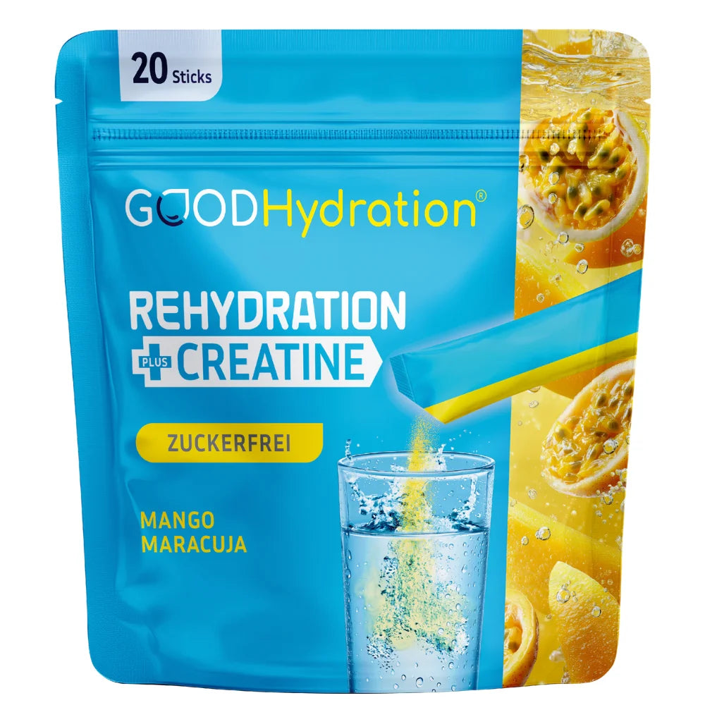 Hier klicken um zum Einzelpack Rehydration plus Kreatin Mango Maracuja zu gelangen. Hochdosiert Elektrolyte mit einer Tagesdosis Kreatin. Fruchtiger Geschmack ohne Zucker.