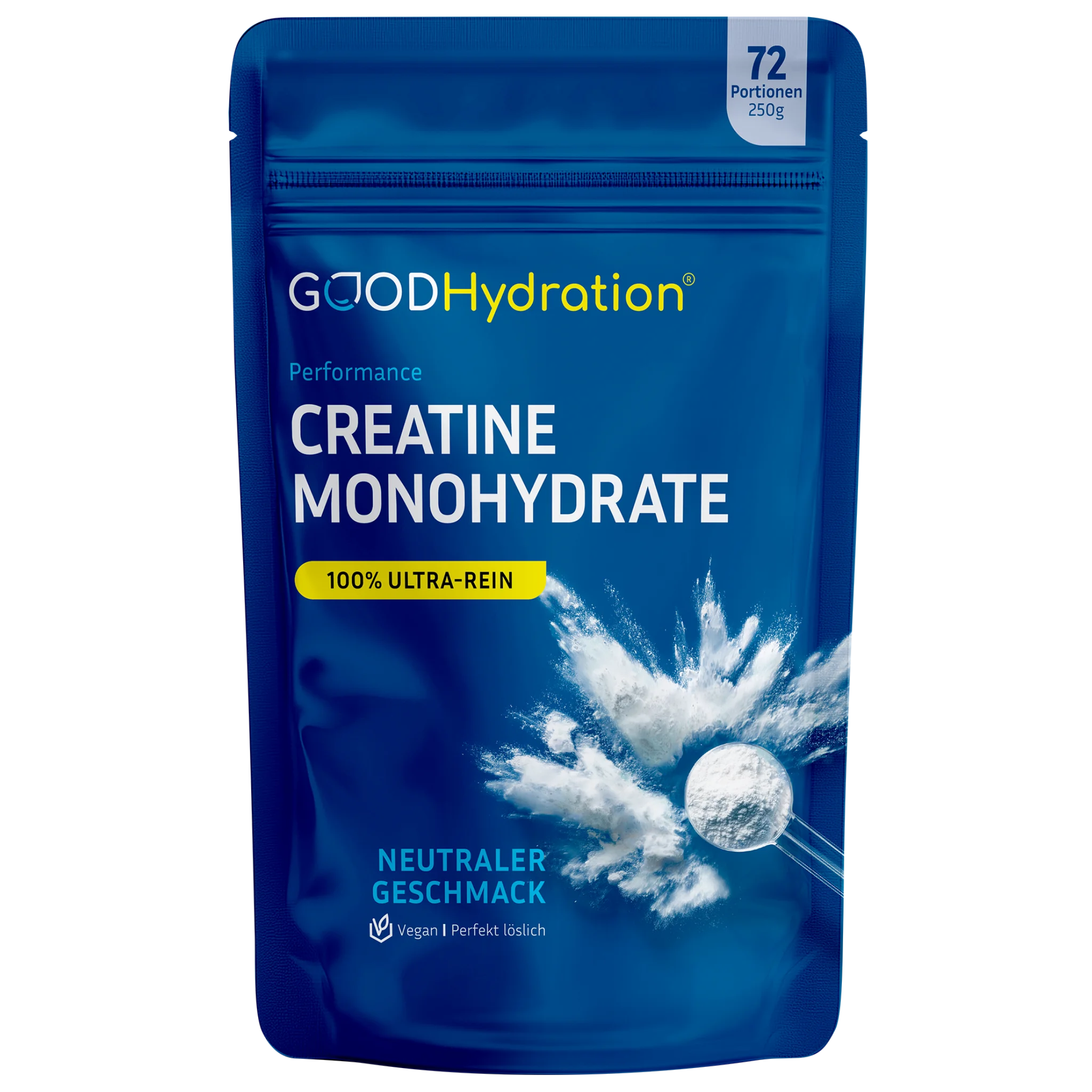 Hier klicken zur Auswahl ein Pack Kreatin Monohydrat 250g. Unser Creatine Monohydrate ist gescmachsneutral und perfekt löslich. GOOD Hydration ist besser als ESN.