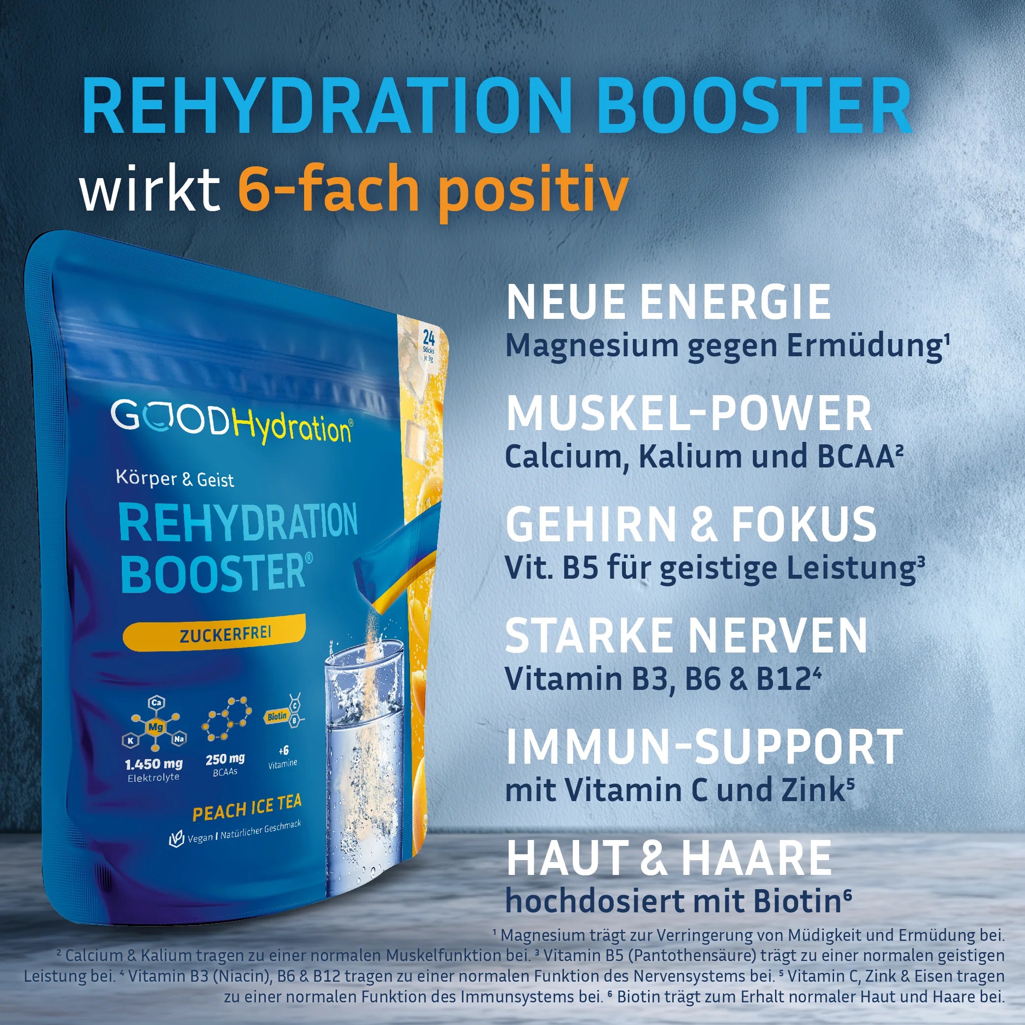 Der Rehydration Booster enthält Magnesium gegen Ermüdung. Calcium, Kalium und BCAA für Muskeln. Vitamin B5 für die geistige Leistung. Vitamin B3, B6 und B12 für das Nervensystem. Vitamin C und Zink für das Immunsystem. Und Biotin für Haut, Haare und Nägel.