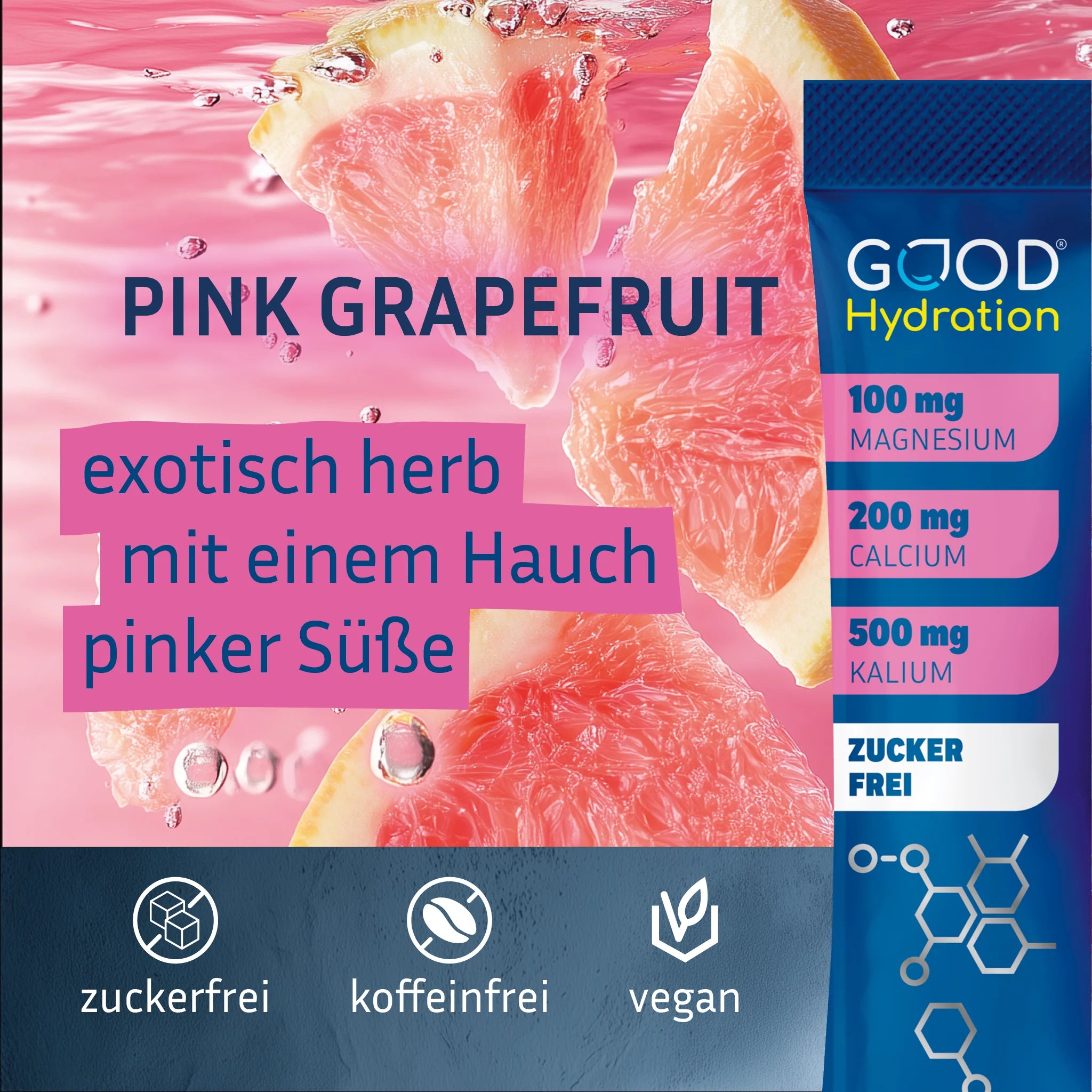 GOOD Hydration ist der Geschmackssieger unter den Hydration Sticks. Natürlicher Geschmack ohne künstliche Aromen. Pink Grapefruit schmeckt exotisch herb mit einem Hauch pinker Süße.