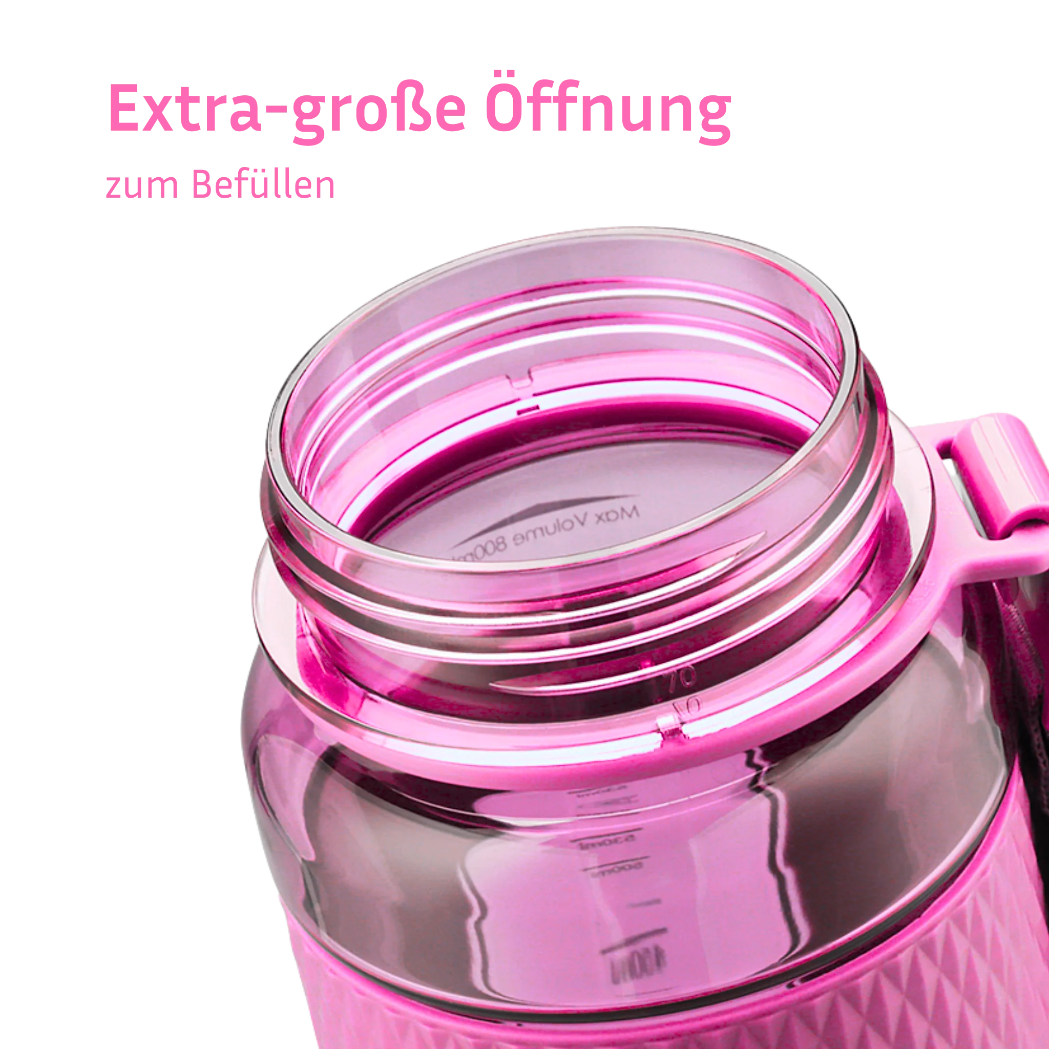 Diese pinke Trinkflasche lässt sich einfach mit Wasser, Getränken und Hydration Sticks befüllen. Diese Flasche lässt sich sicher mit einem Deckel verschließen.