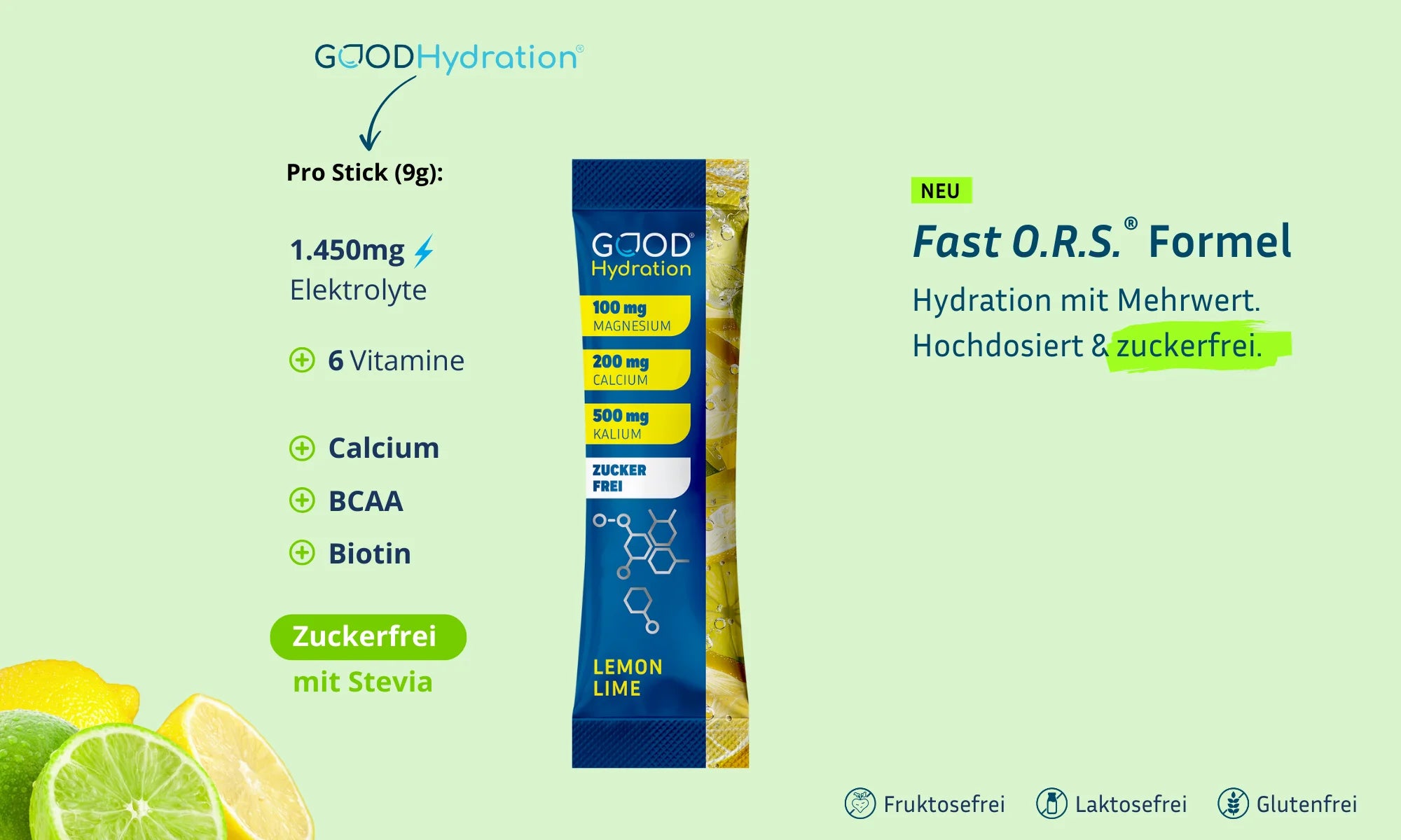 GOOD Hydration enthält in jedem Stick 1450mg Elektrolyte, 6 Vitamine, dazu Calcium, BCAA und Biotin. Mit natürlichem Stevia statt Zucker.