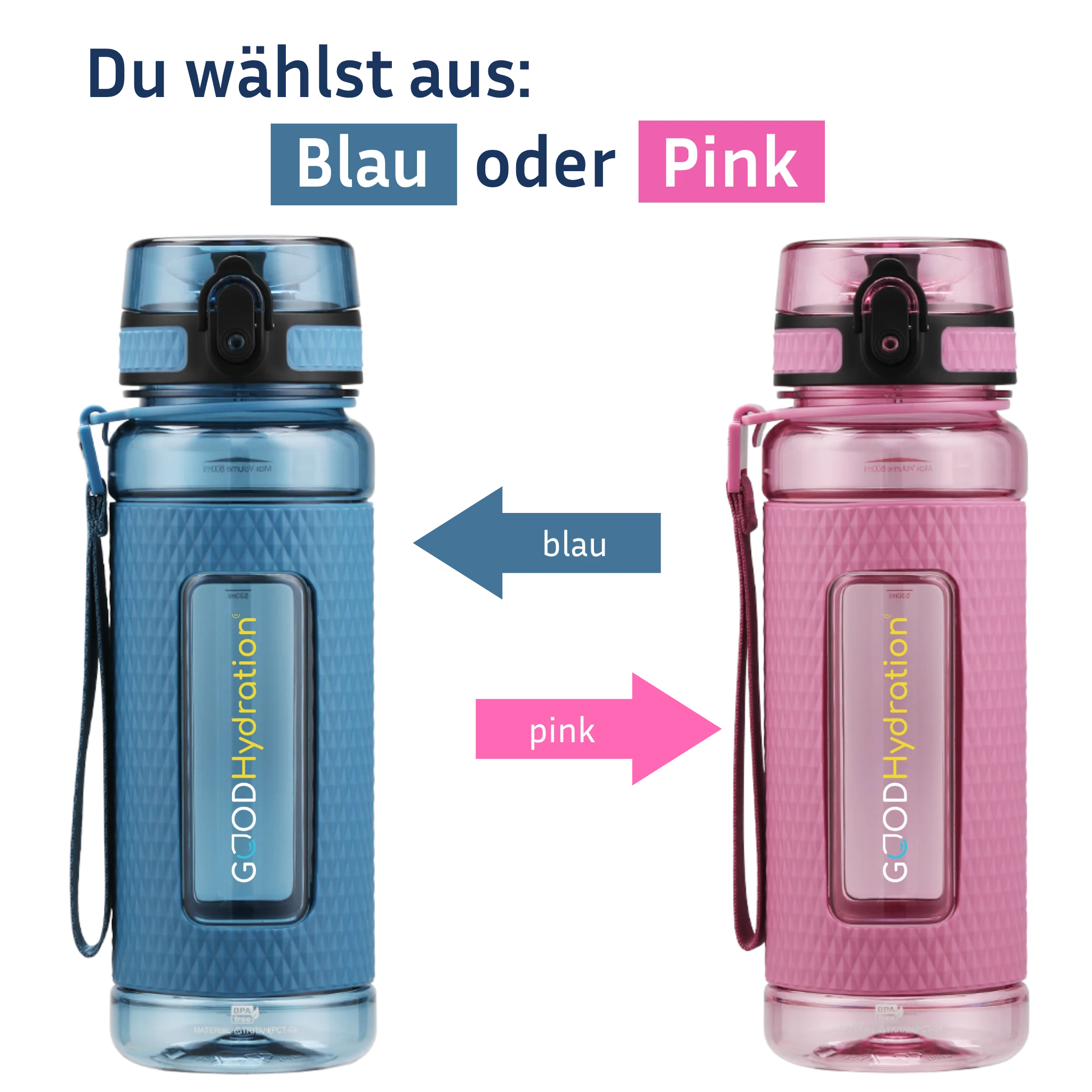 Im Bundle auswählen zwischen zwei Flachenfarben: blau oder pink. Beide Flaschen Inhalt 800ml aus Tritan und BPA-frei.
