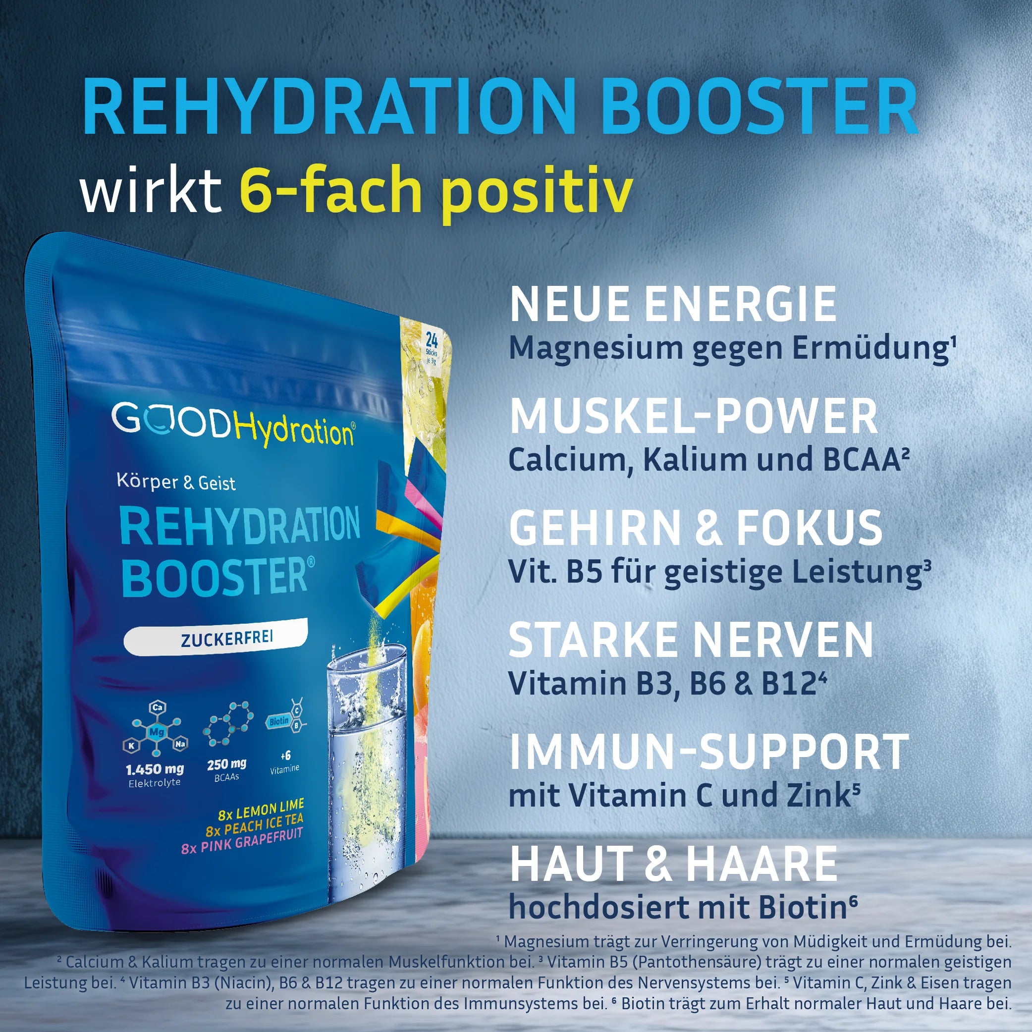 Der Rehydration Booster enthält Magnesium gegen Ermüdung. Calcium, Kalium und BCAA für Muskeln. Vitamin B5 für die geistige Leistung. Vitamin B3, B6 und B12 für das Nervensystem. Vitamin C und Zink für das Immunsystem. Und Biotin für Haut, Haare und Nägel.