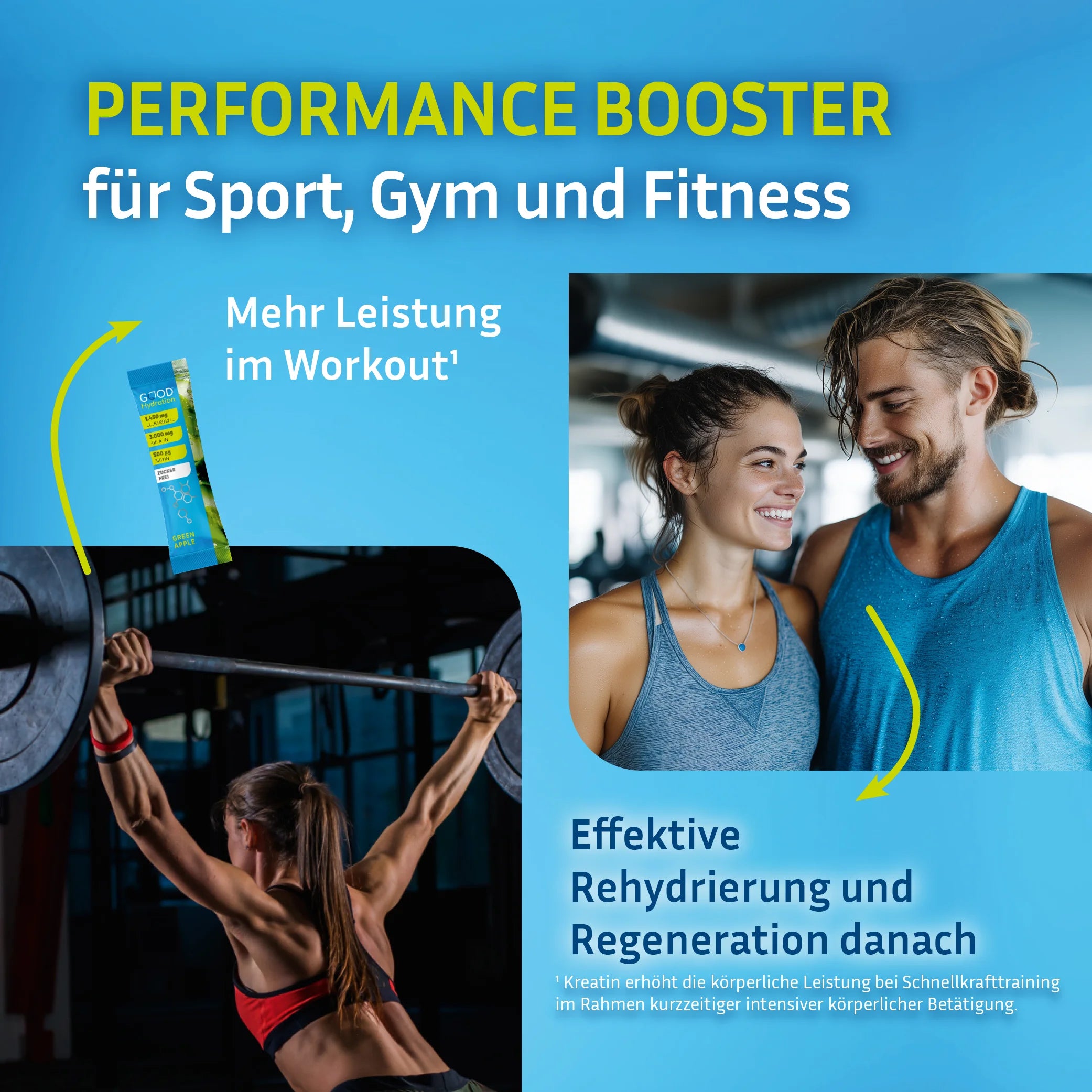 Performance Booster Rehydration plus Kreatin von GOOD Hydration zur Leistungssteigerung im Workout und schnellen Regeneration danach.