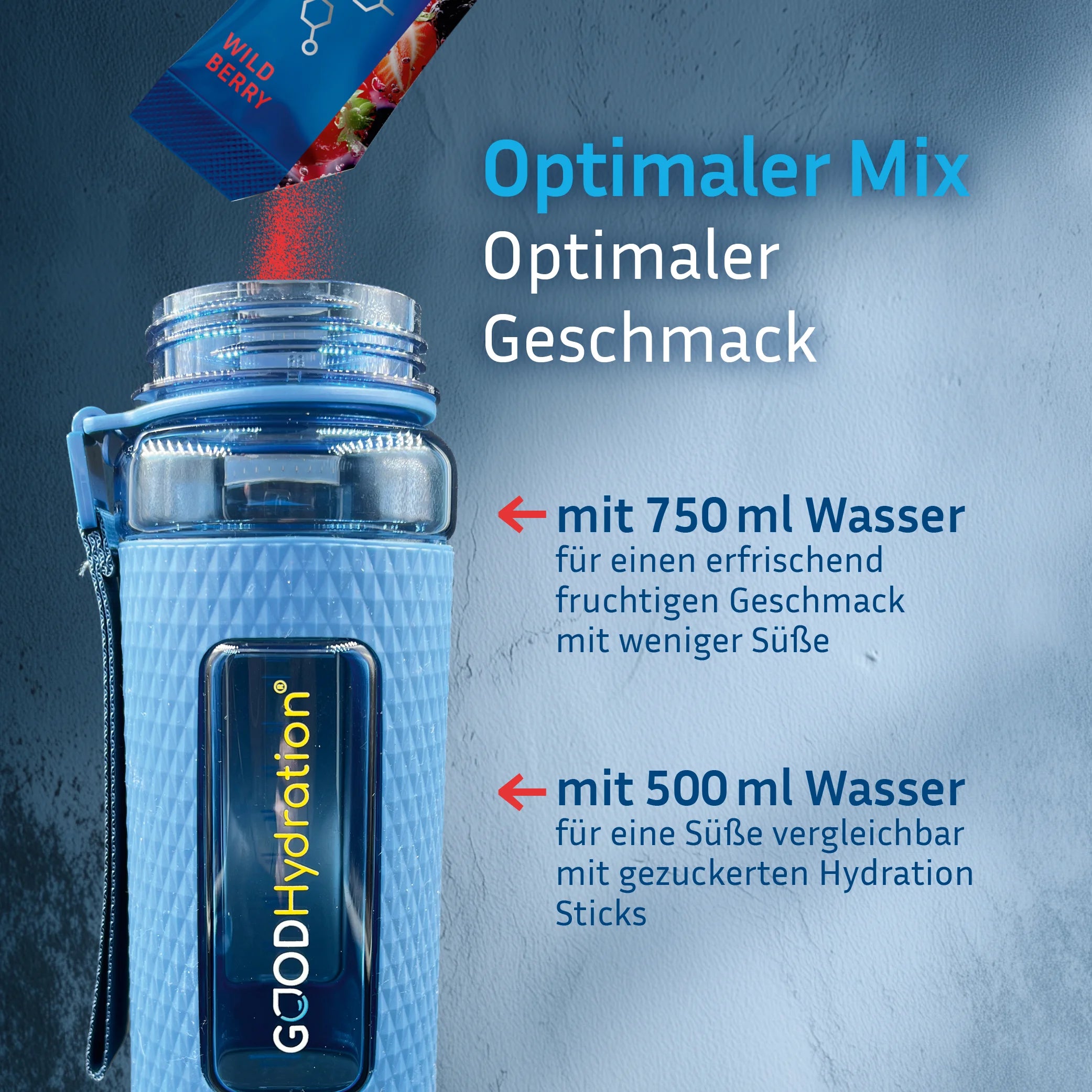 Einen Stick GOOD Hydration in 500ml Wasser auflösen. Für einen erfrischenden Geschmack mit weniger Süße, mehr Wasser dazugeben.
